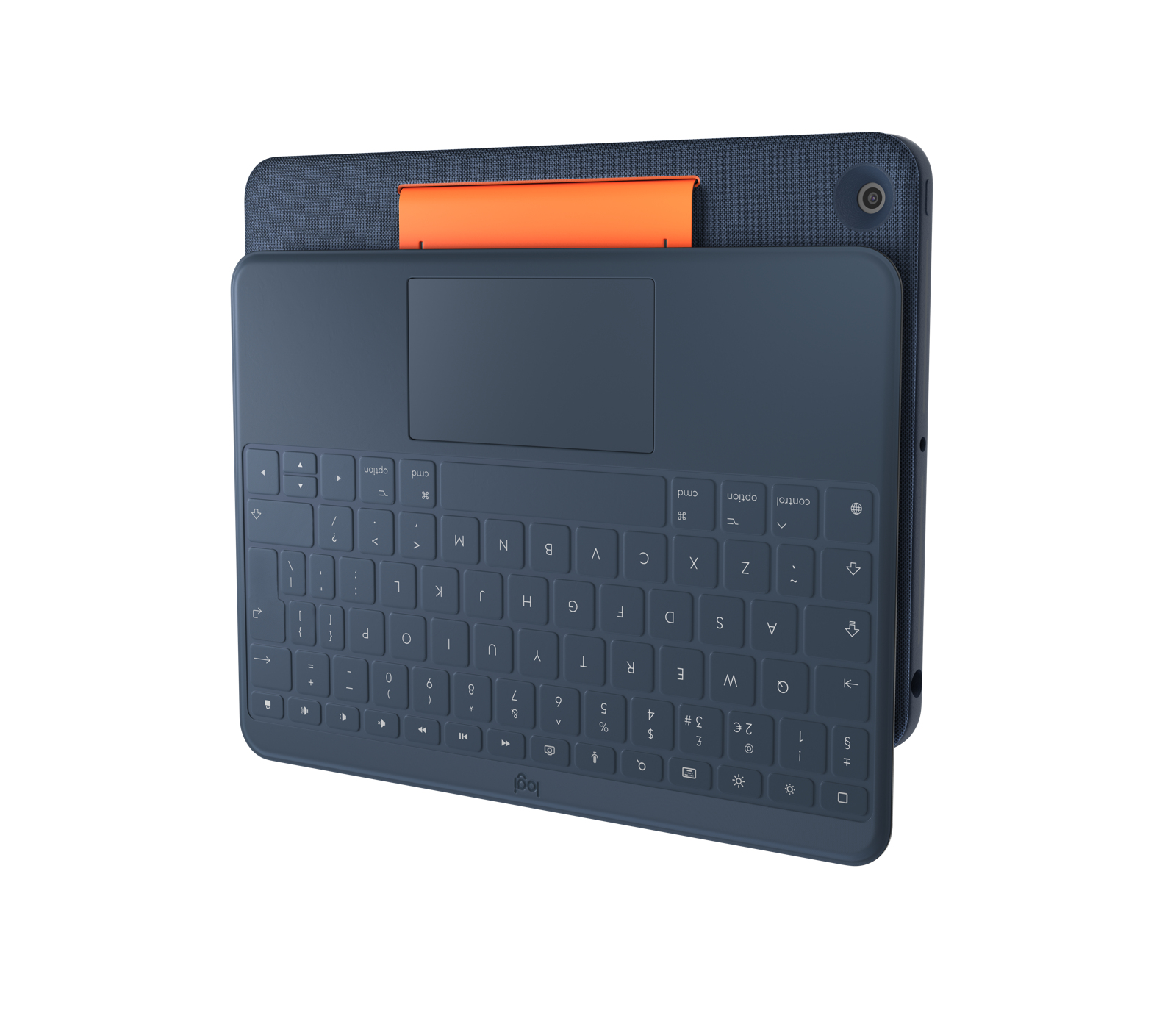 Una tastiera per tablet blu e blu scuro su sfondo bianco.