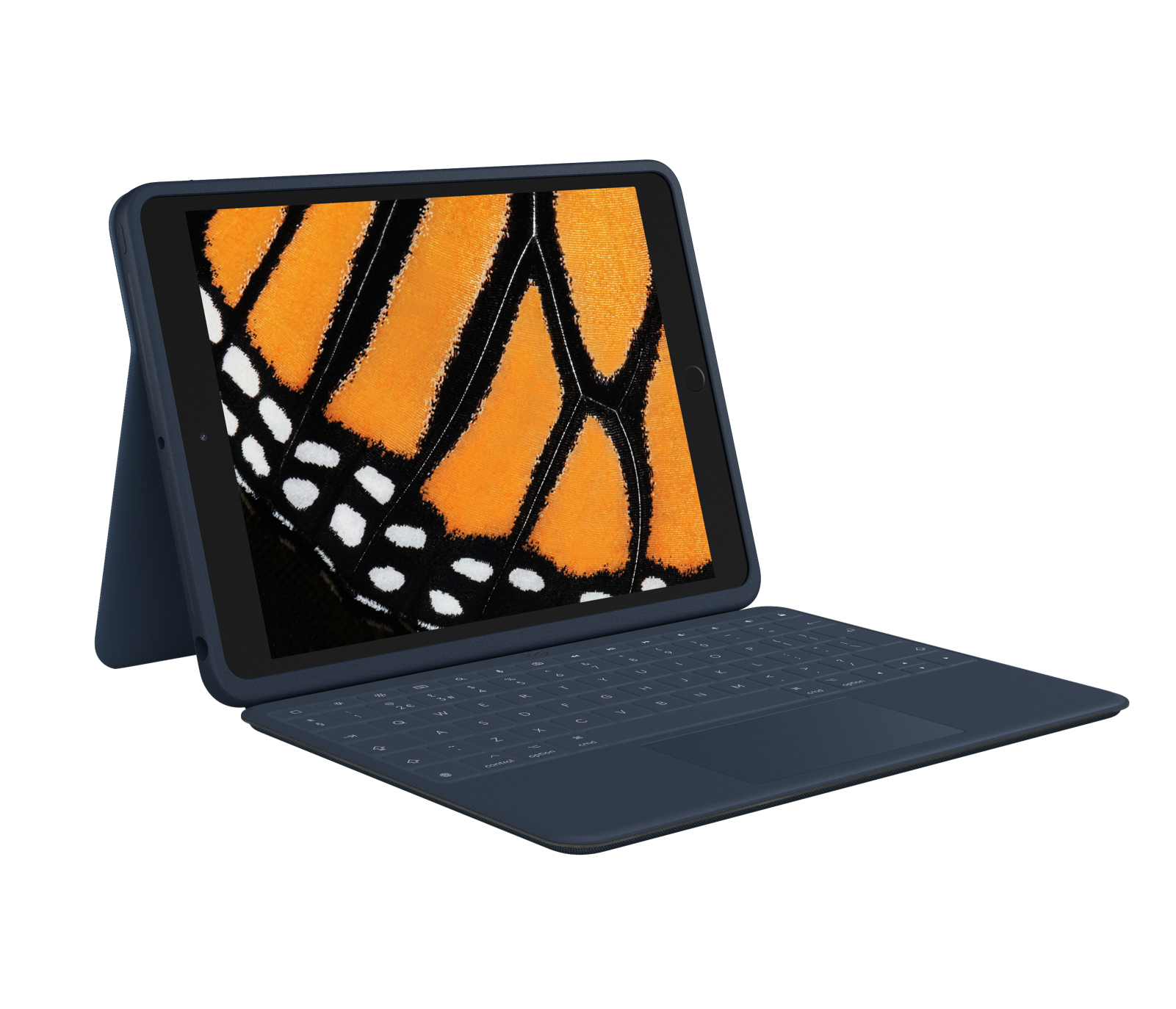 Tablet con custodia tastiera. Immagine di ala di farfalla sullo schermo. Custodia e tastiera blu scuro.