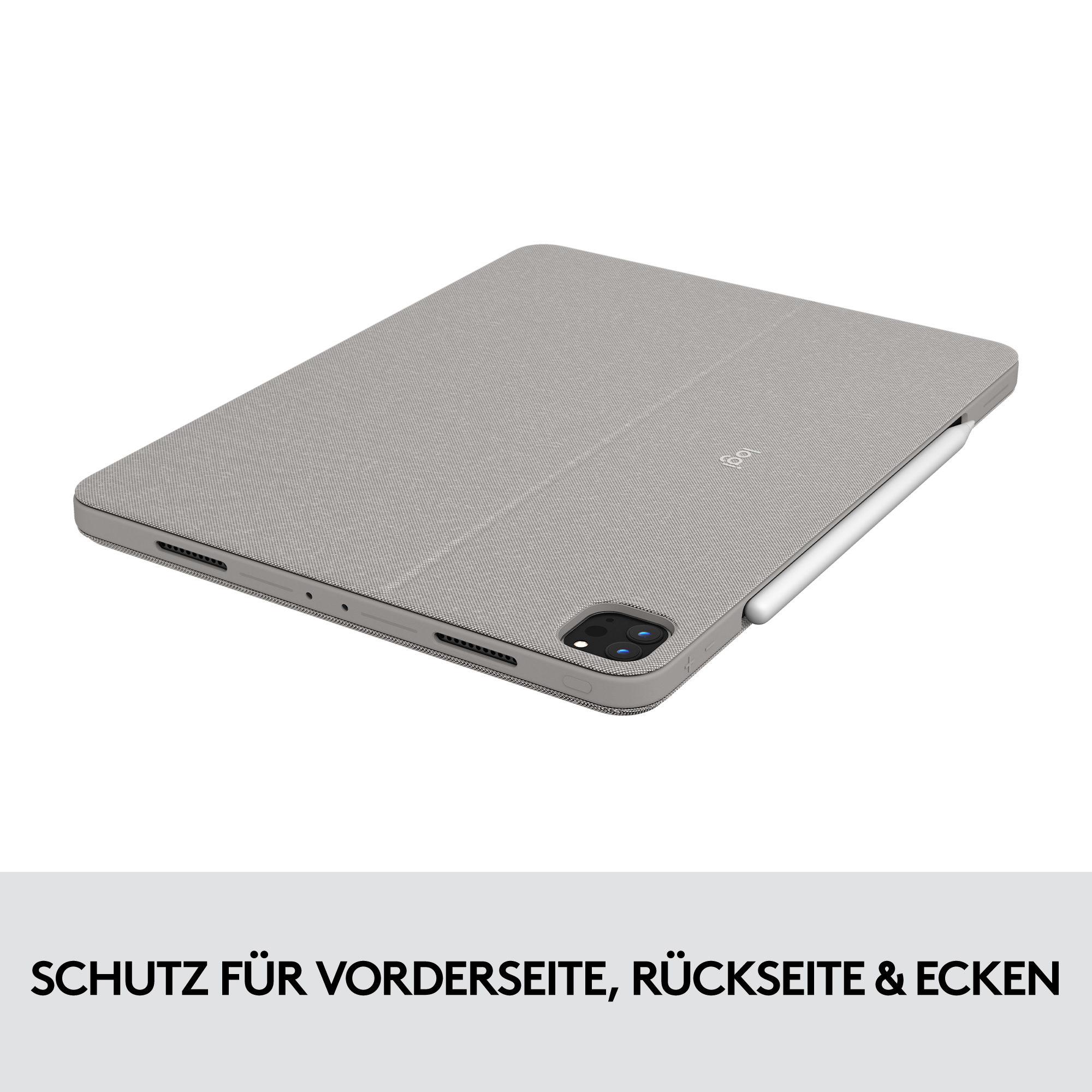 Custodia grigia per tablet con stilo. Testo in basso: protezione frontale, posteriore e angoli.