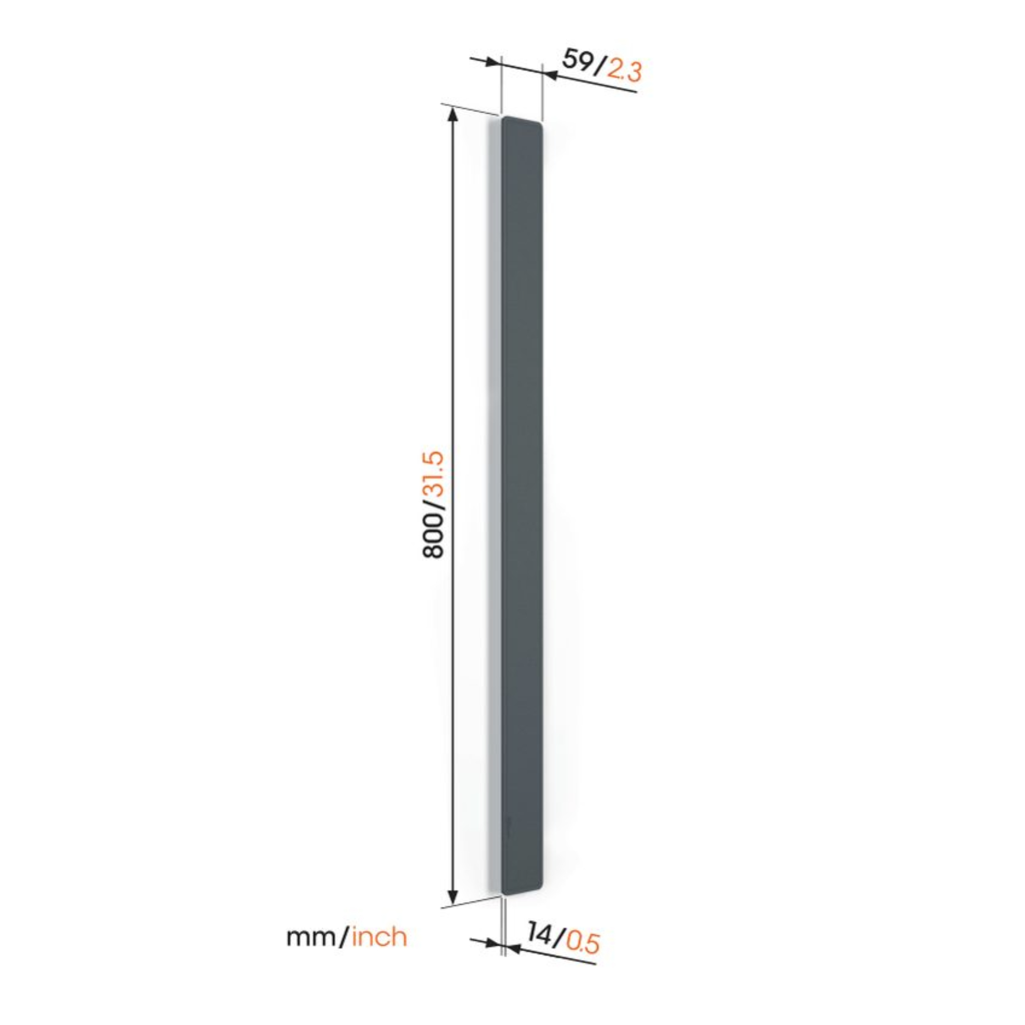 Graues Lineal mit Abmessungen in mm/Zoll auf weißem Hintergrund.