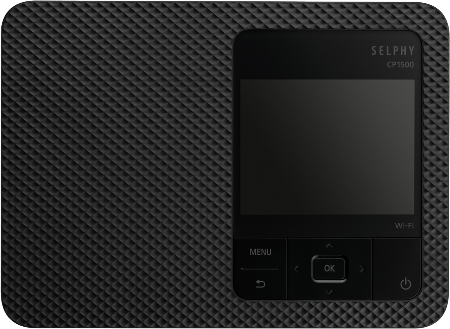 Zwarte Selphy CP1500 printer. Met scherm, menuknoppen en een aan/uitknop. Diamantpatroon.