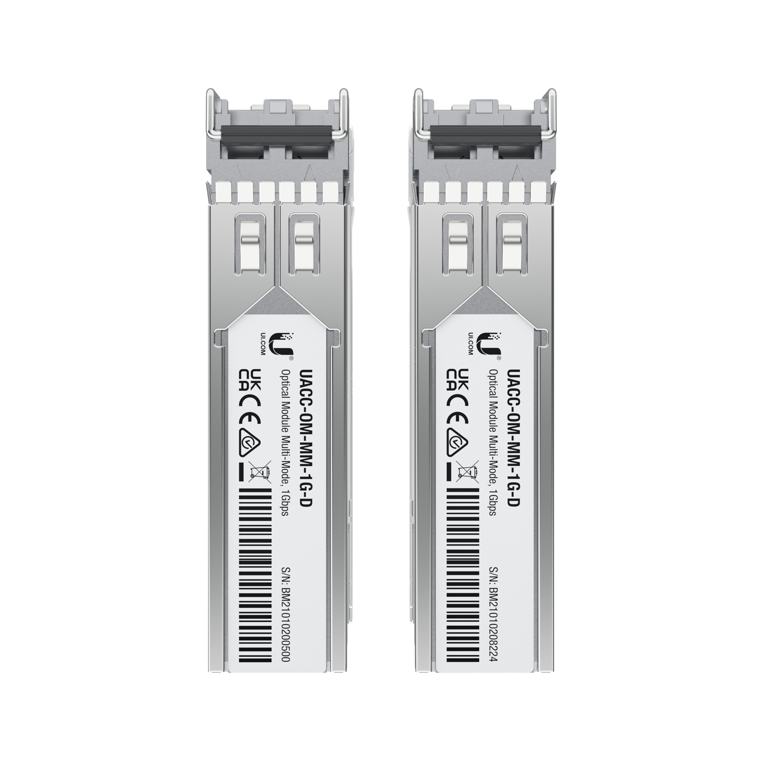 Due ricetrasmettitori SFP argentati, etichettati con modello e marchi di conformità.