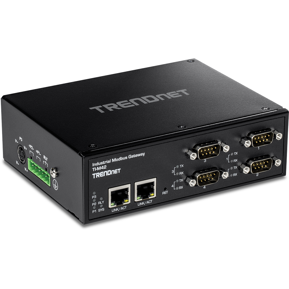 Schwarzes TRENDnet Industrial Modbus Gateway. Zeigt Anschlüsse und Stecker. Schwarze Box.