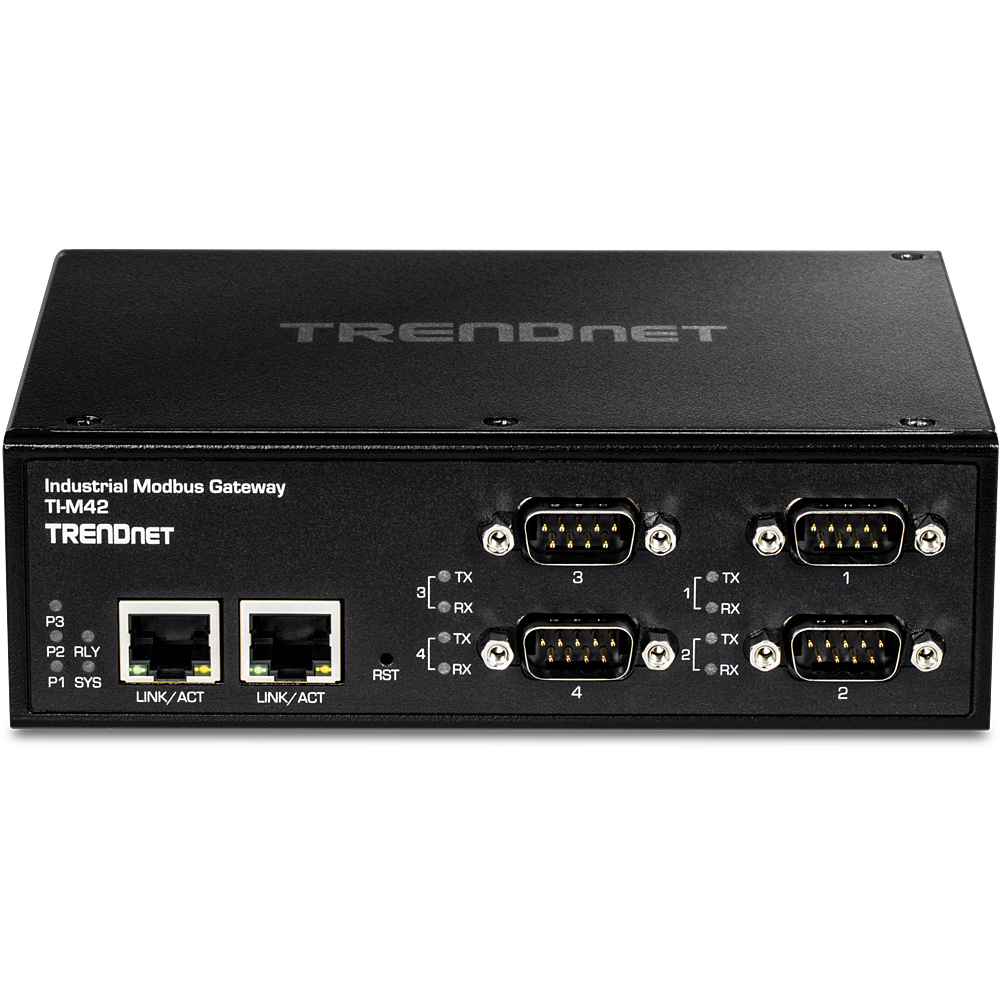 Schwarzes industrielles Modbus-Gateway-Gerät. Verfügt über mehrere Anschlüsse und den Markennamen TRENDnet oben.