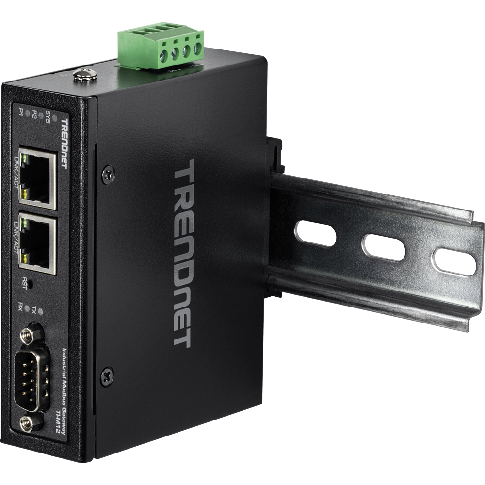 Un appareil industriel Trendnet noir avec des ports et un terminal vert.