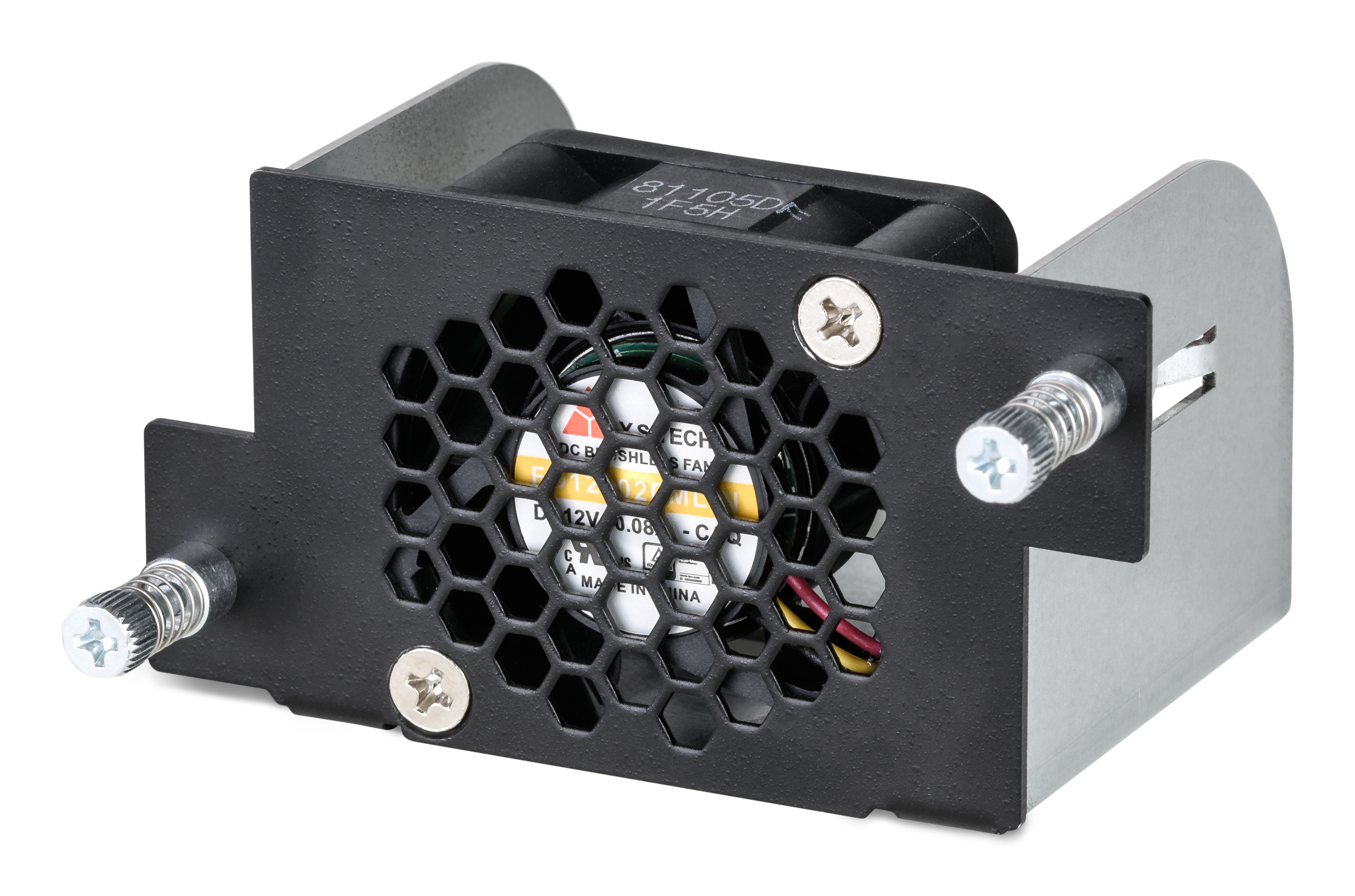 Czarny i srebrny zespół wentylatora ze śrubami. Izolowany na białym tle.