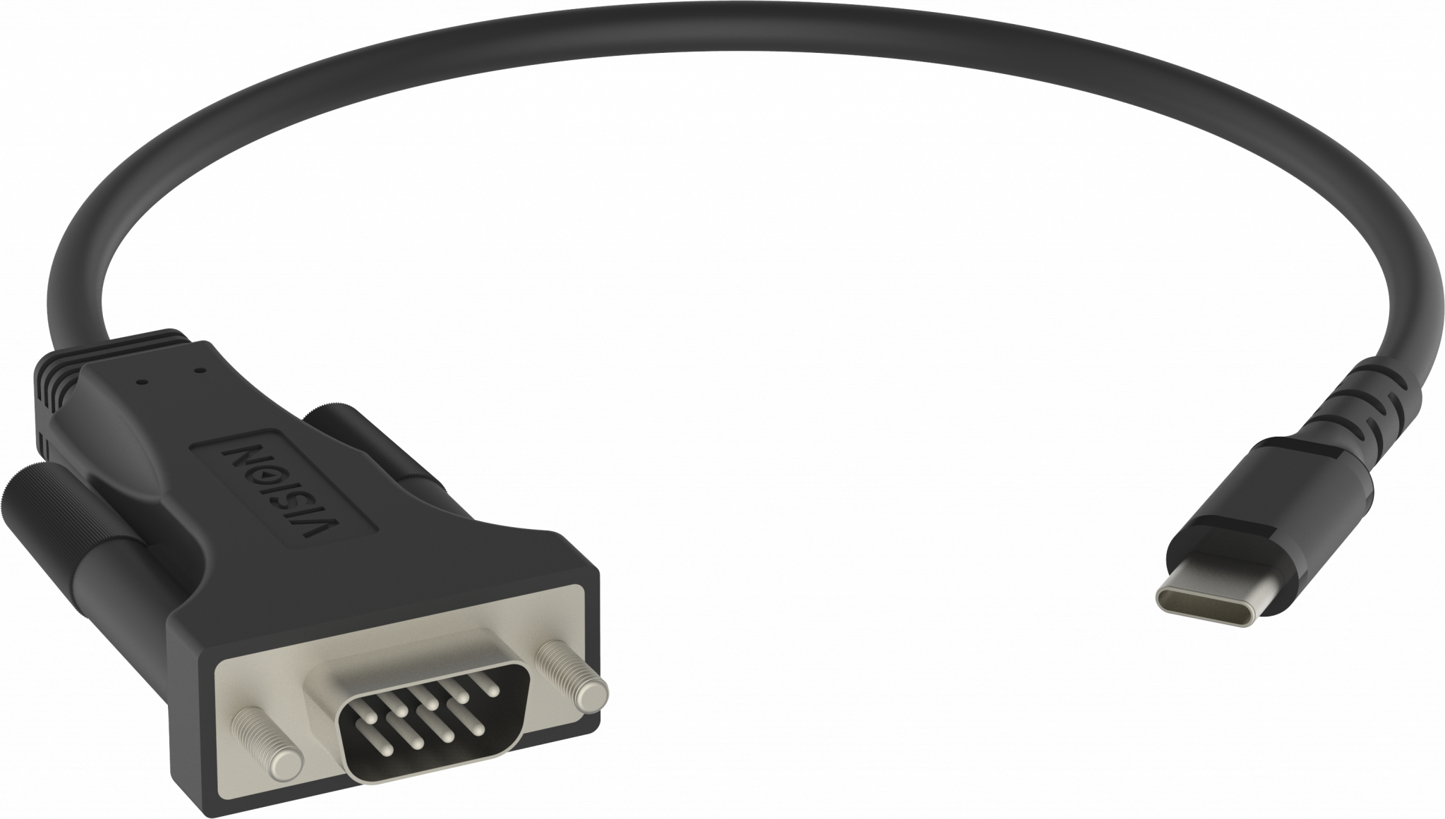 Cavo nero con due connettori. Uno è D-sub, l'altro USB-C. Sfondo bianco.