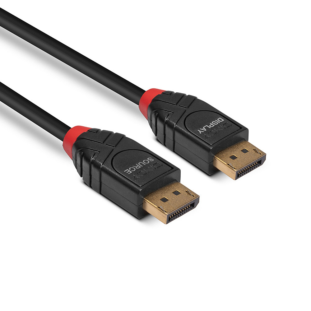 Câble LINDY noir avec connecteurs DisplayPort dorés. Accents rouges. Fond blanc.
