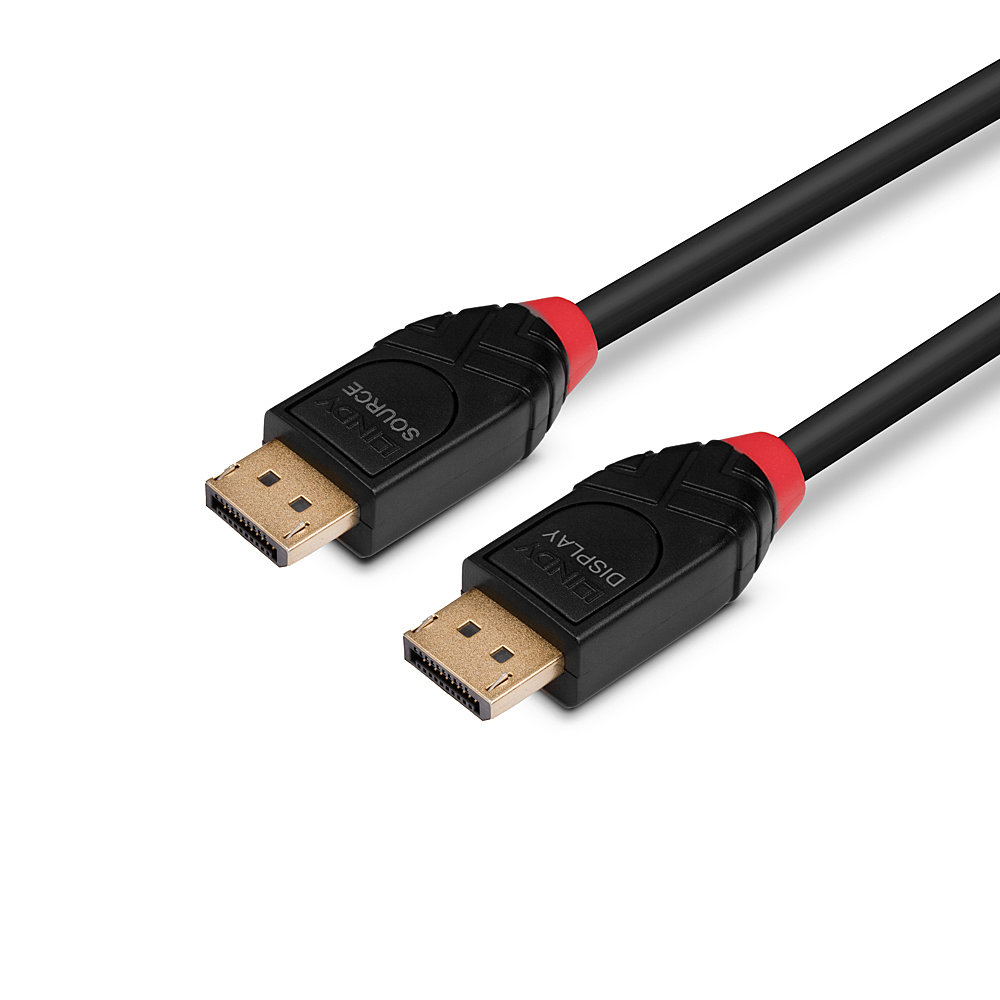 Zwarte LINDY-kabel met gouden DisplayPort-connectoren. Rode accenten. Witte achtergrond.