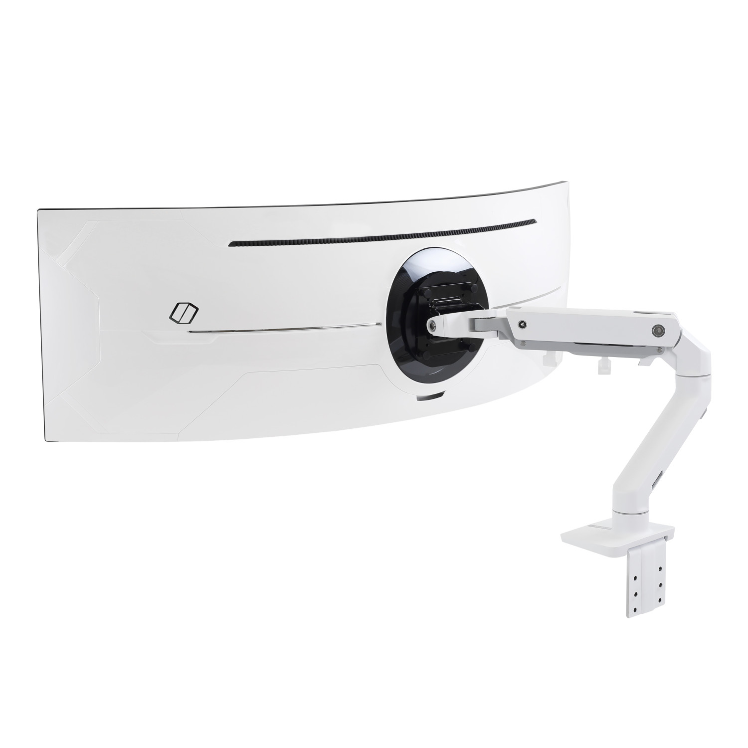 White curved computer monitor with a white arm and a clamp on a white background.