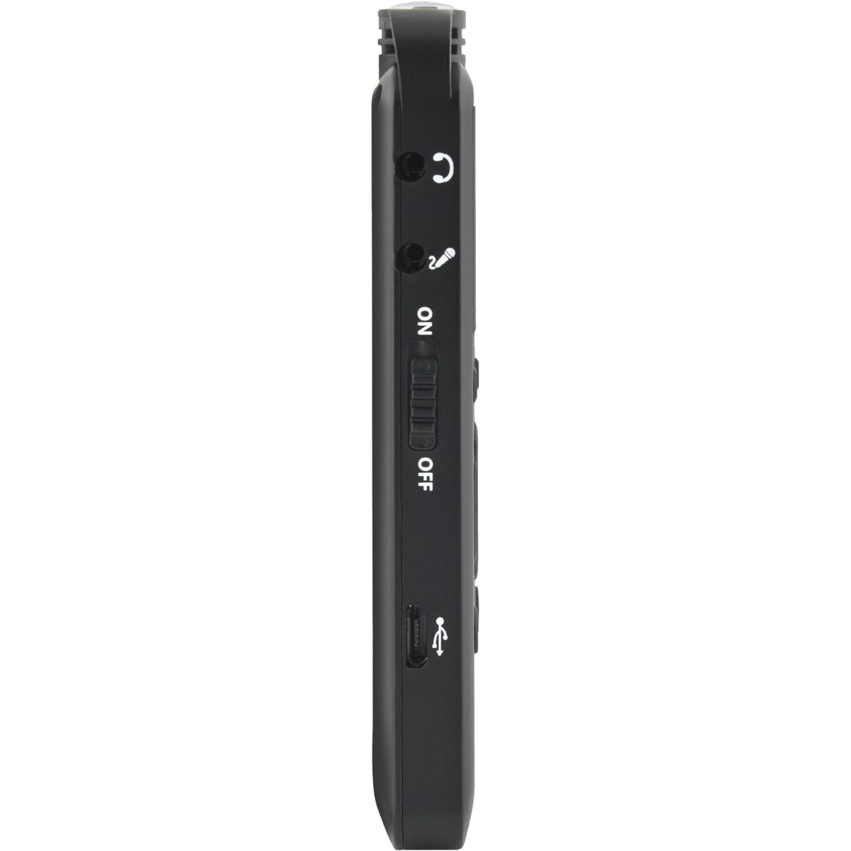 Un registratore vocale KODAK VRC250 nero, vista laterale, con porte on/off, cuffie e USB.