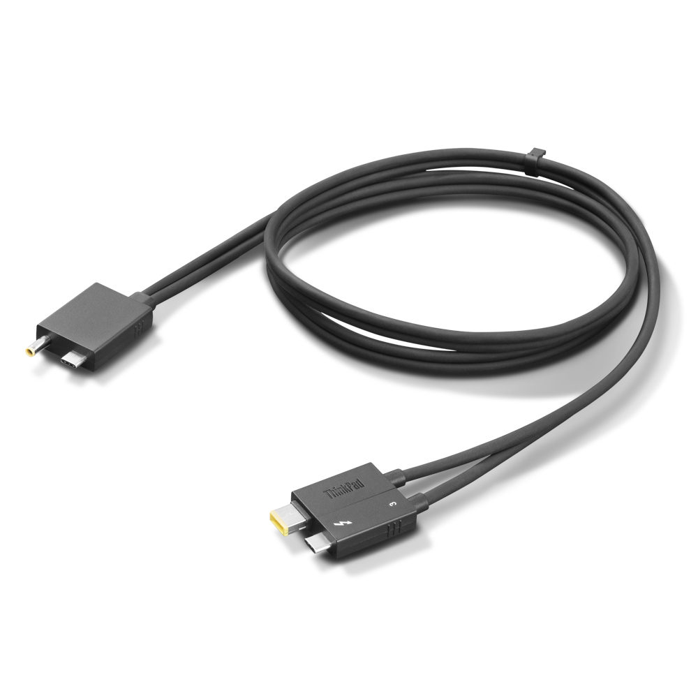 Cavo di ricarica nero con due connettori. Uno è USB-C, l'altro è di tipo speciale.