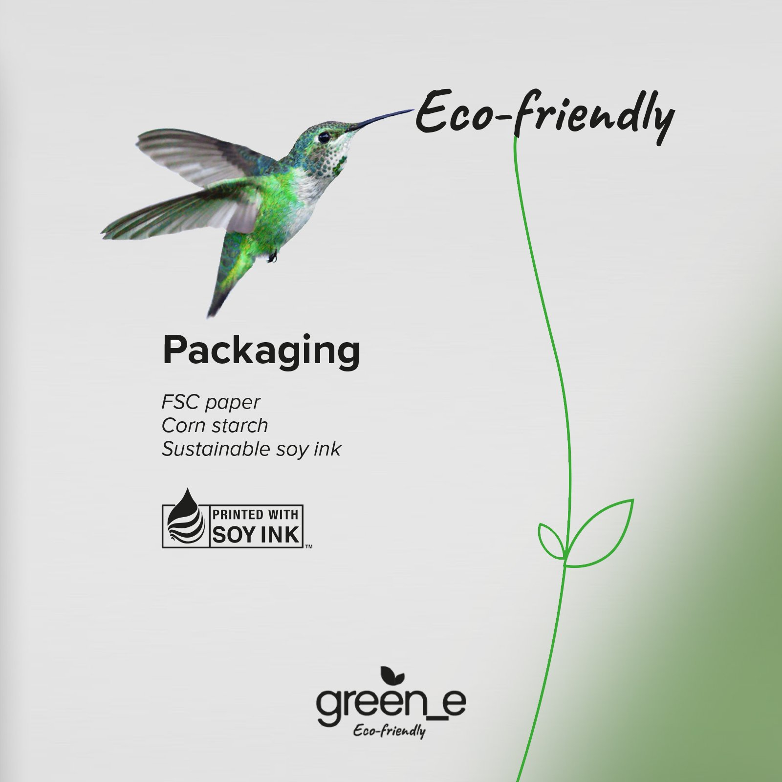 Grafica verde e bianca con un colibrì e testo sull'imballaggio ecologico. Inchiostro di soia usato.