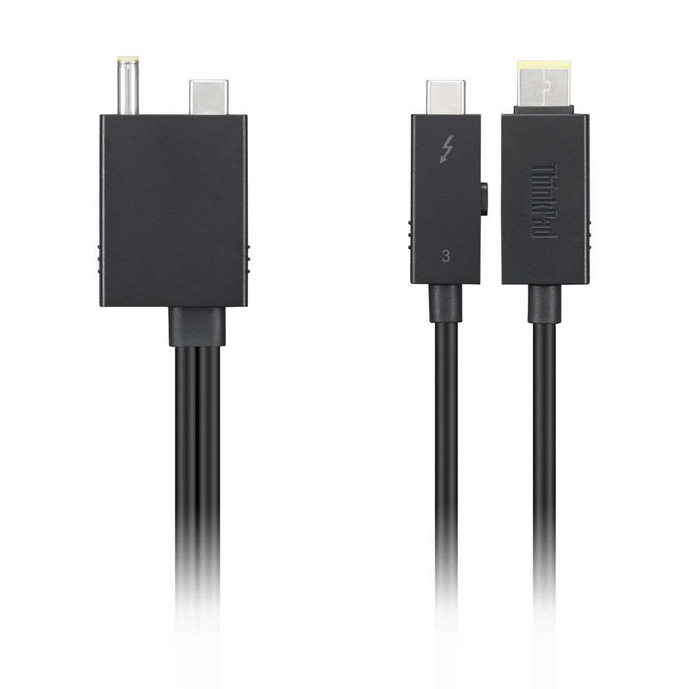 Cavo di ricarica nero con 3 connettori: USB-C, uno speciale e un adattatore di alimentazione.