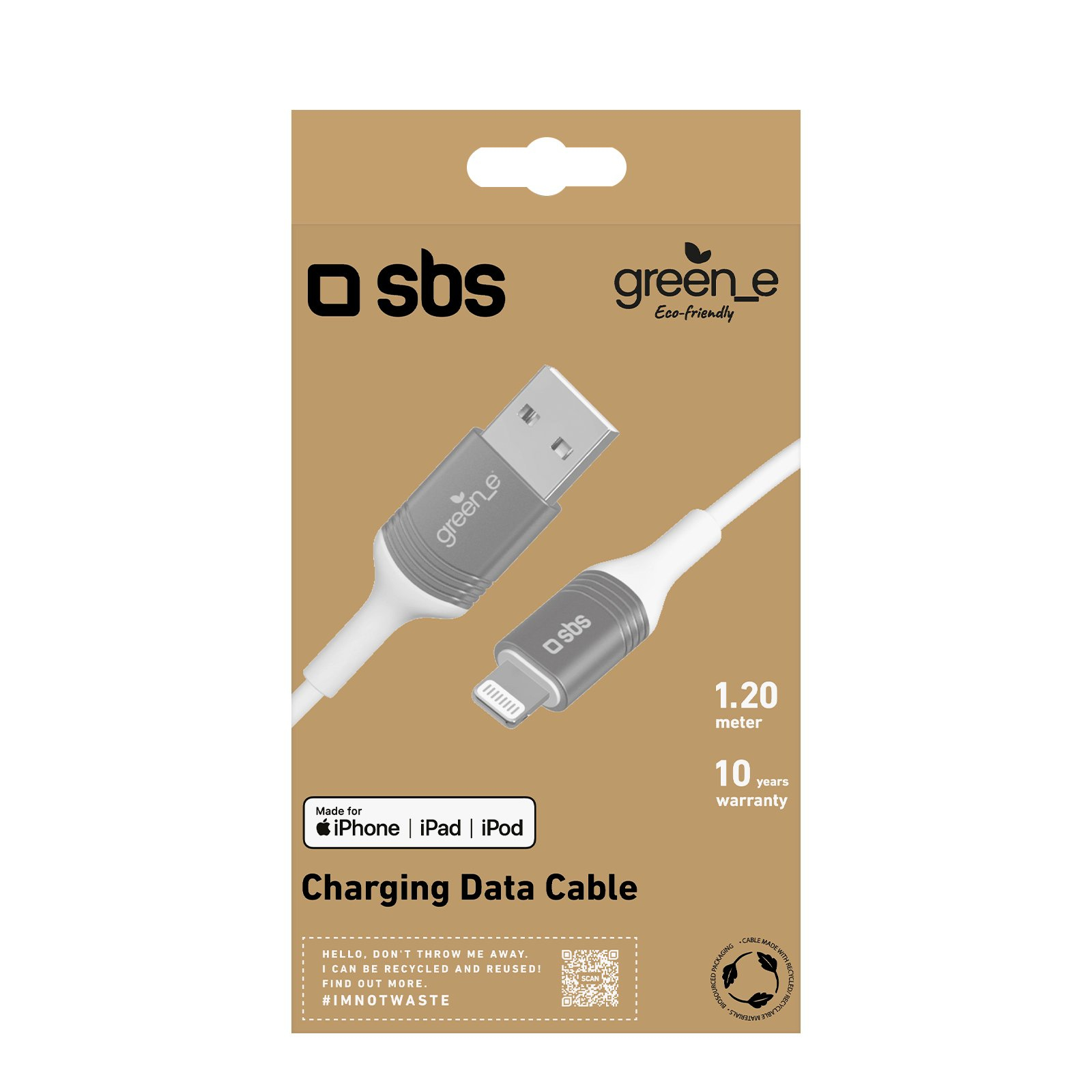 Cavo dati di ricarica bianco in una scatola di cartone con il logo di sbs e green_e.