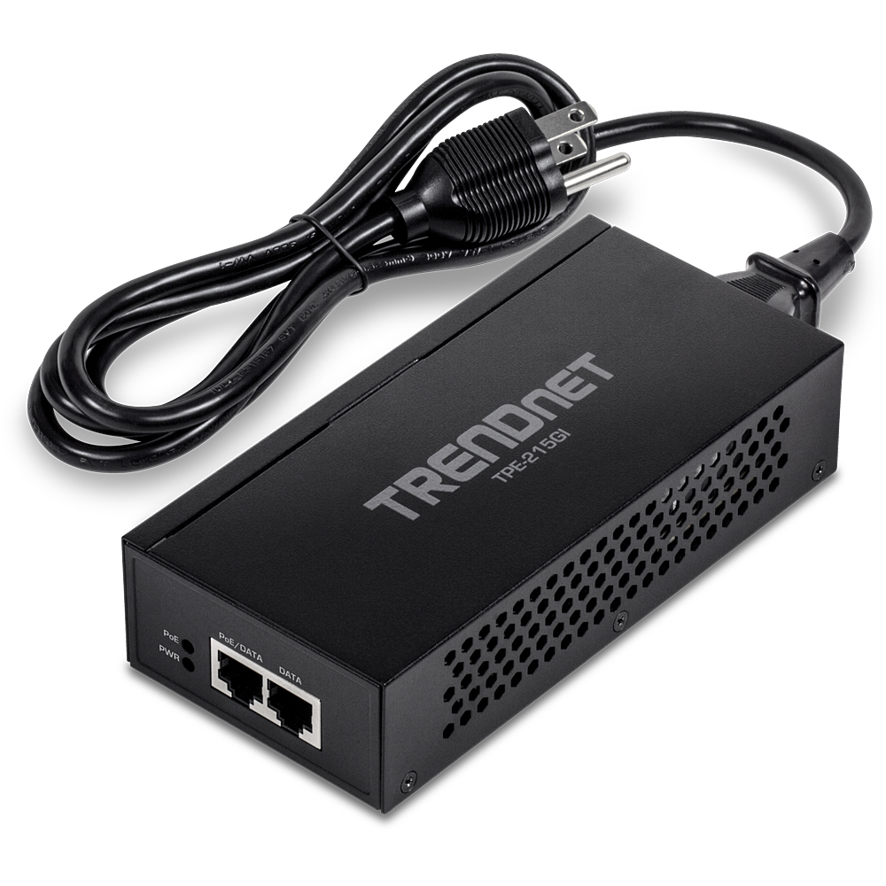 Zwarte TRENDnet TPE-215GI voeding met kabel en stekker.