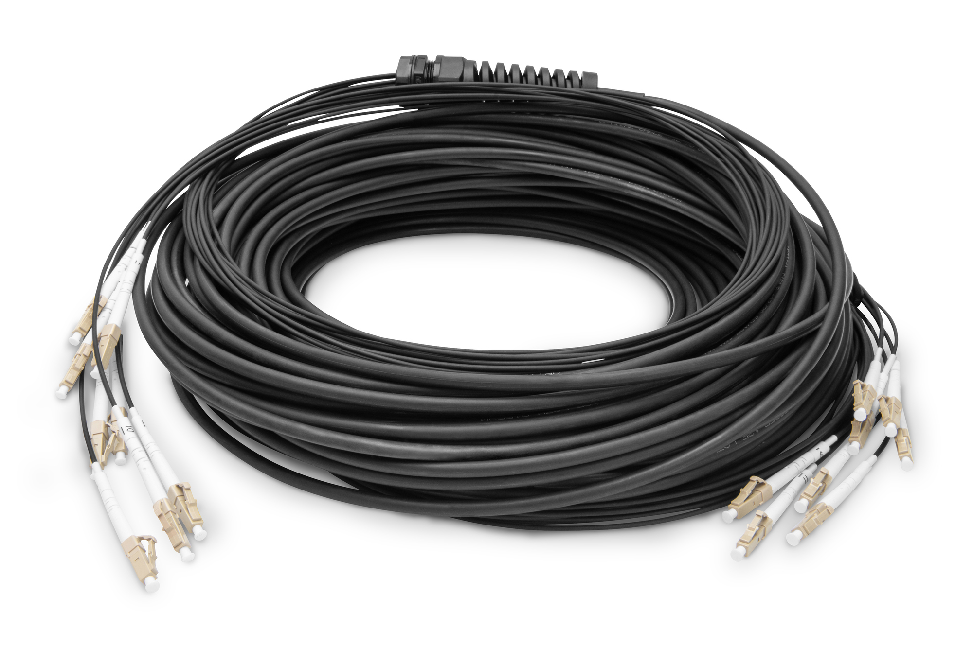 Bobina di cavo in fibra ottica nero, con connettori beige. Molte connessioni.