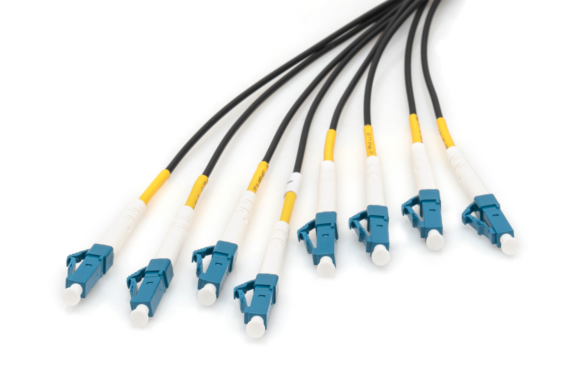 Più cavi in fibra ottica con connettori bianchi e gialli su bianco.