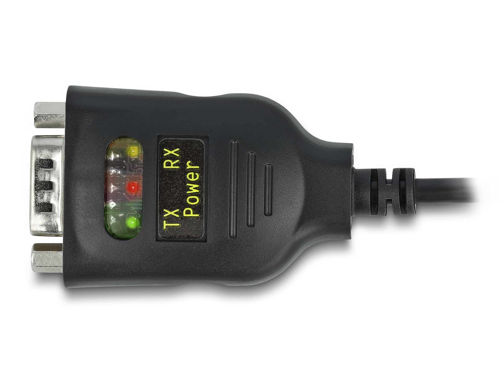 Connettore porta seriale nero con luci. Etichette TX, RX e Power.