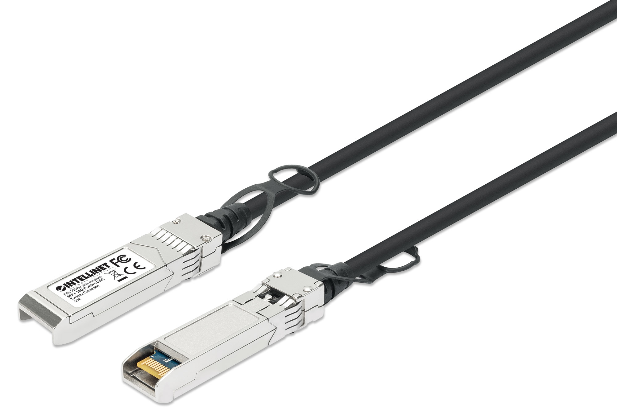 Due cavi neri con connettori SFP, marchio InteliNet.