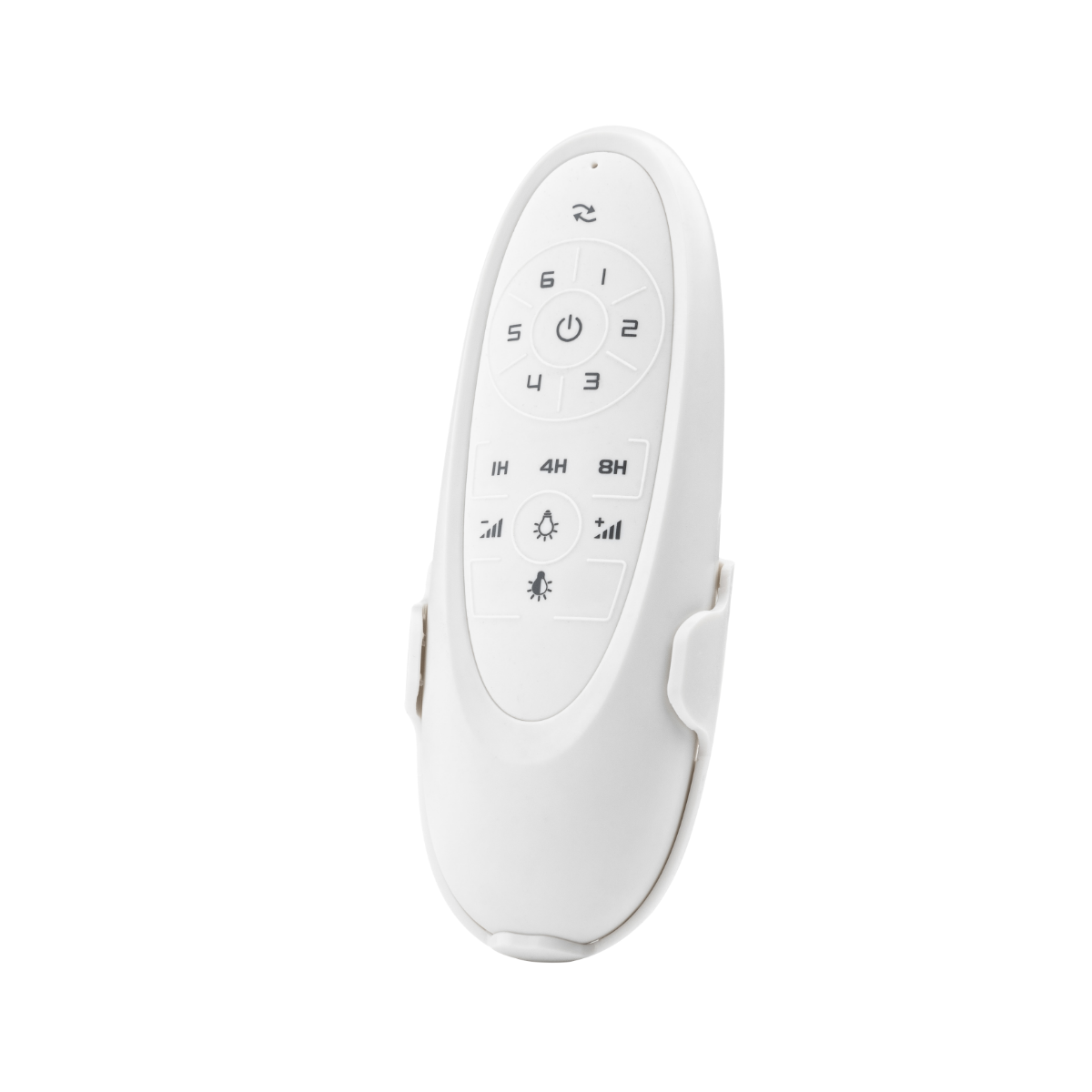 White remote control with buttons and a holder. It has a power button and numbers. White background.