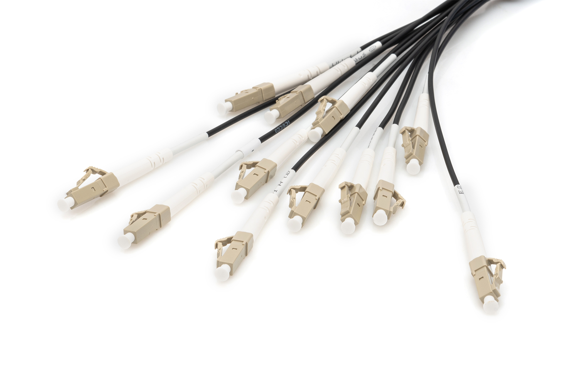 Due cavi in fibra ottica gialli e bianchi con connettori blu.