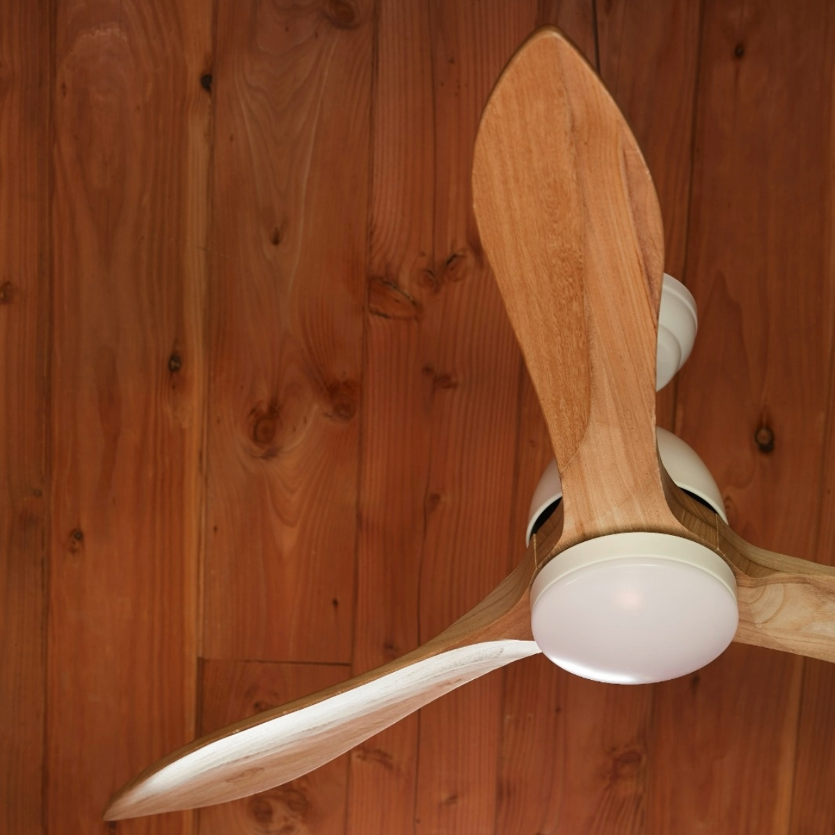 Ventilatore da soffitto in legno con tre pale chiare e alloggiamento motore bianco.