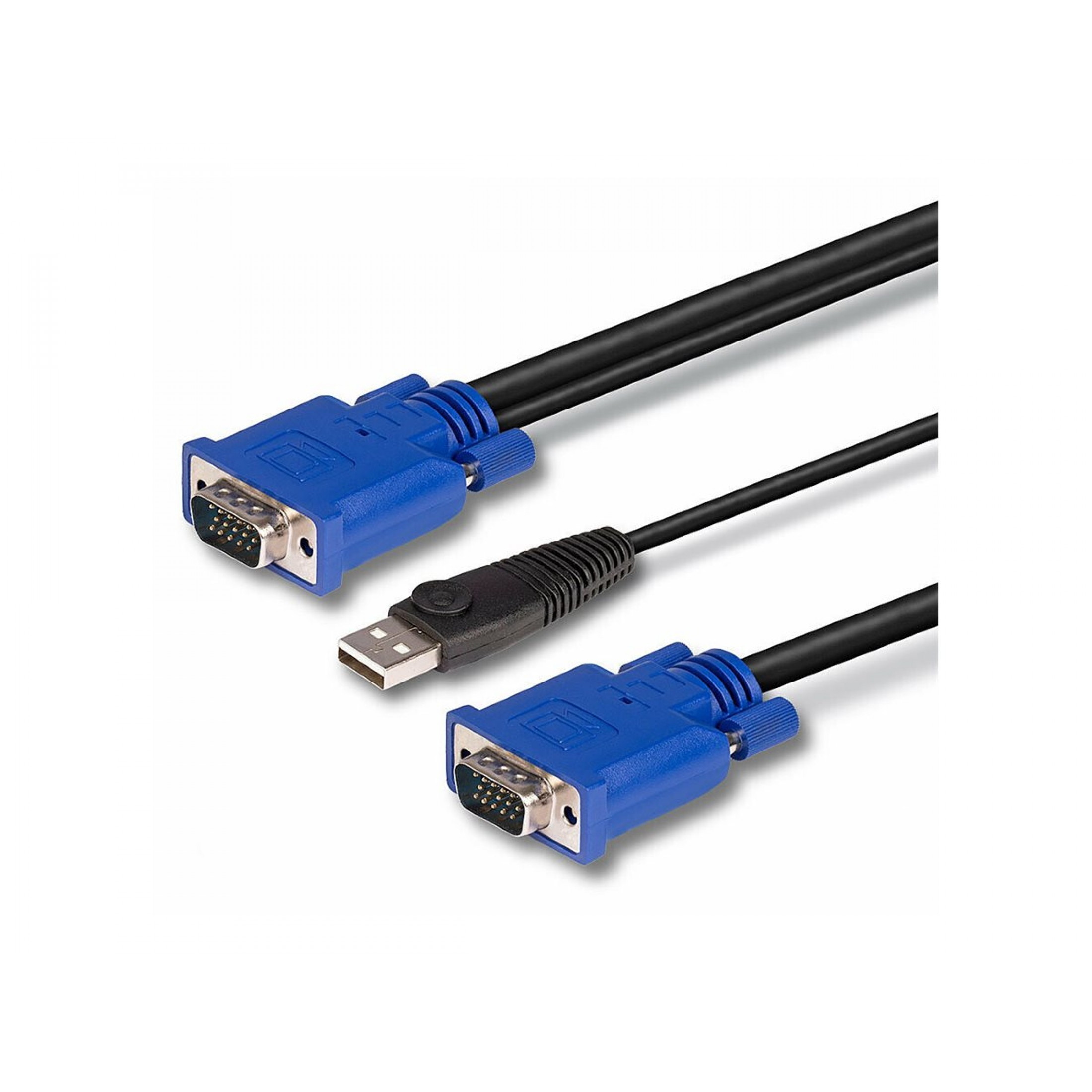 Due connettori VGA blu e un connettore USB con cavi neri.