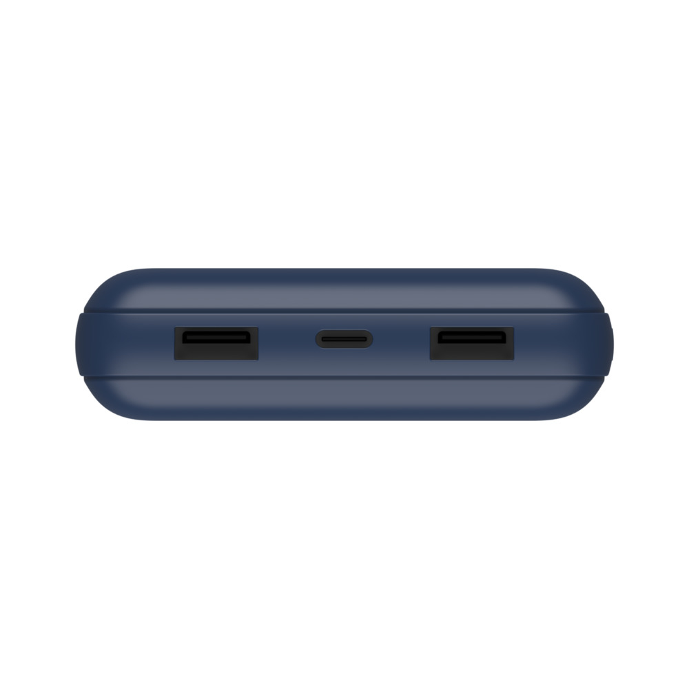 Un power bank blu con due porte USB e una porta USB-C.