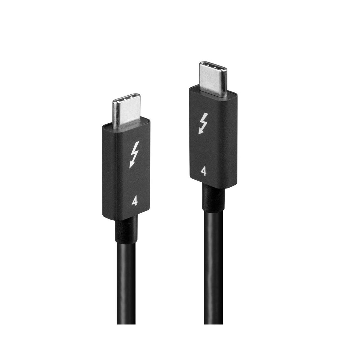 Dwa czarne kable Thunderbolt 4. Ikony błyskawicy widoczne na wtyczkach.