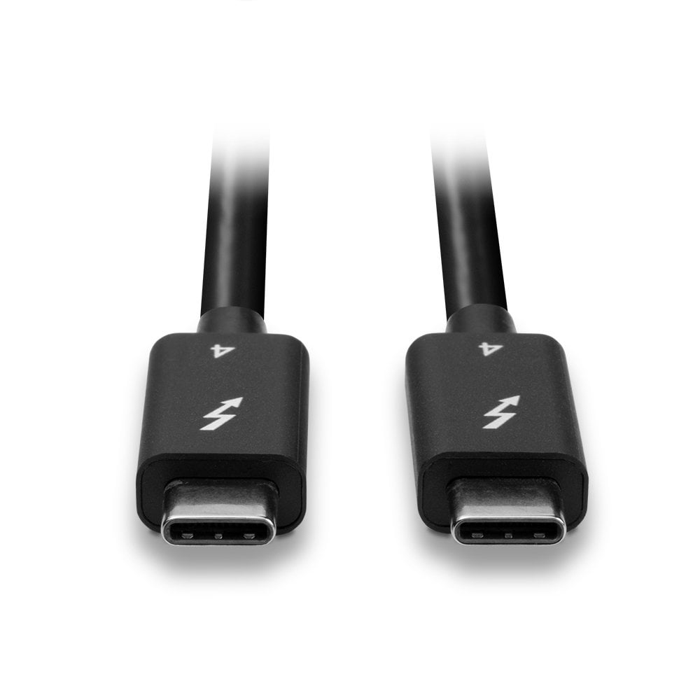 Dwa czarne kable USB-C z symbolami Thunderbolt. Złącza są ostre.
