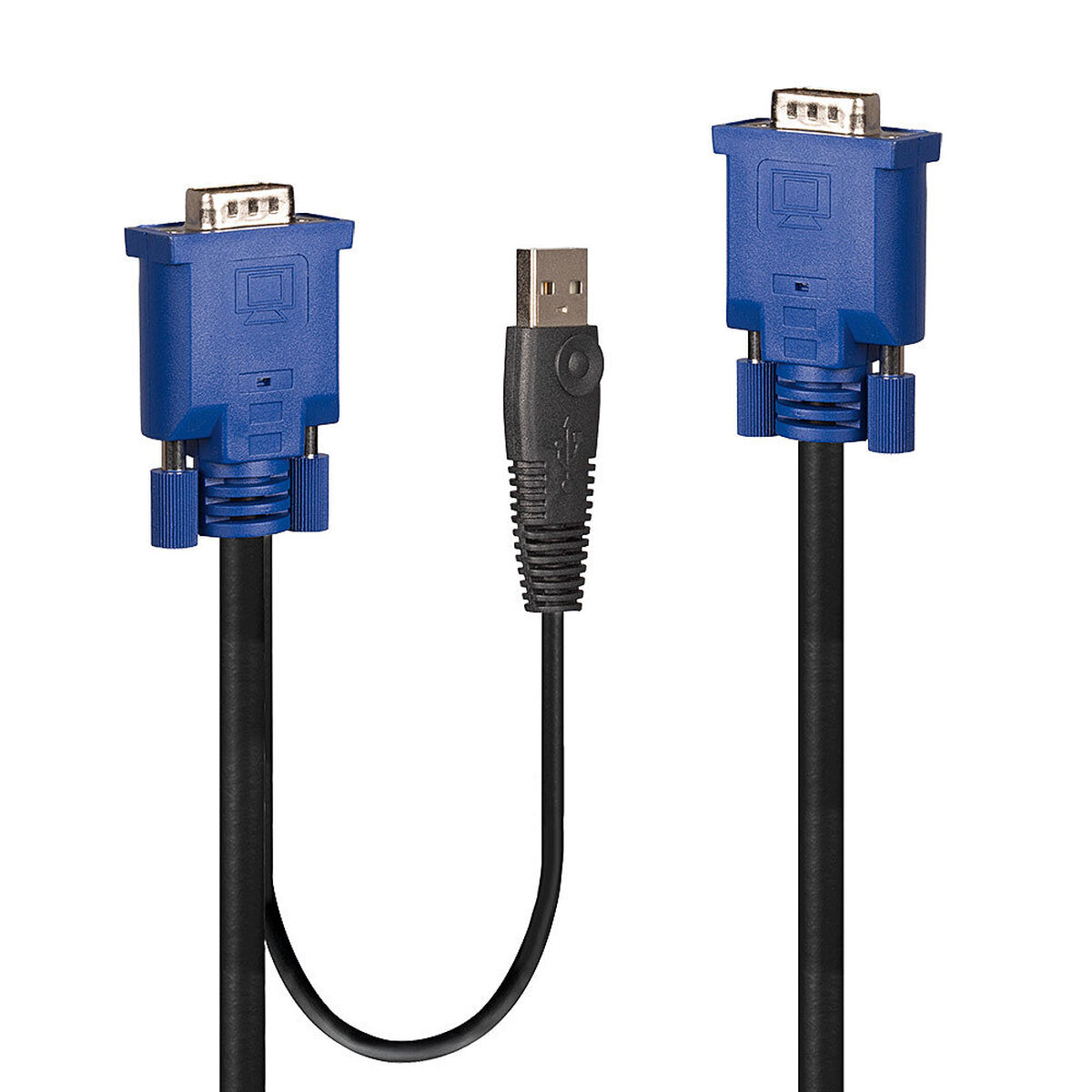 Tre cavi: due connettori VGA blu e un connettore USB nero, tutti su sfondo bianco.