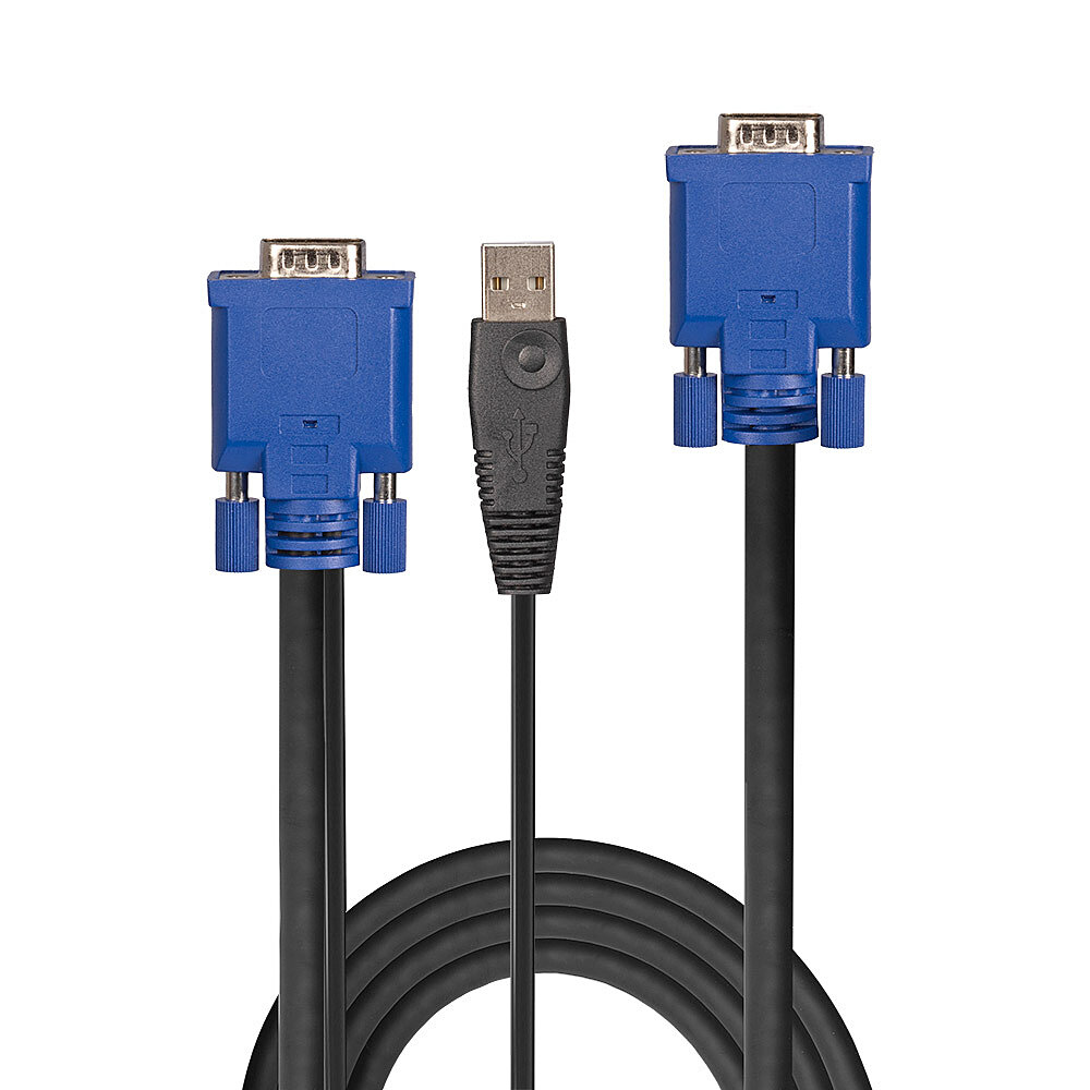 Tre cavi: due connettori VGA blu e un connettore USB nero, tutti su sfondo bianco.