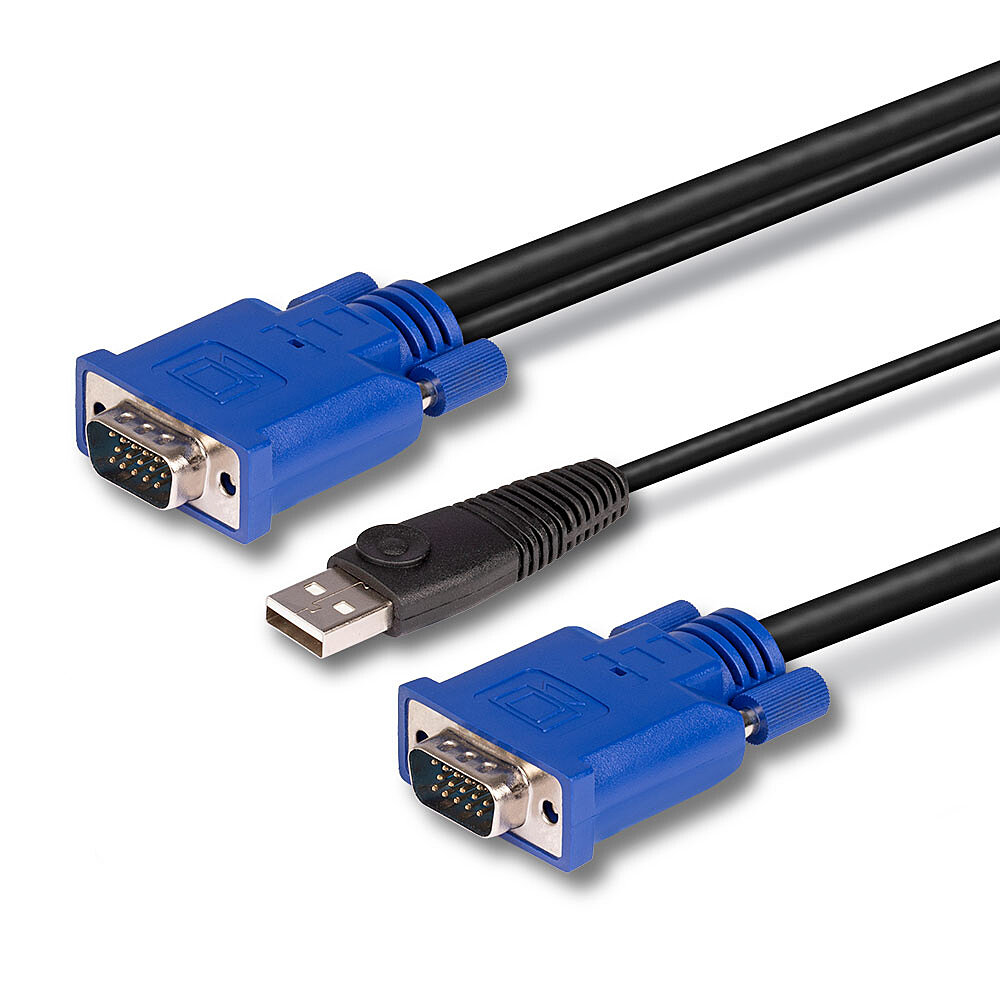 Tre cavi: due connettori VGA blu e un connettore USB nero. Su sfondo bianco.