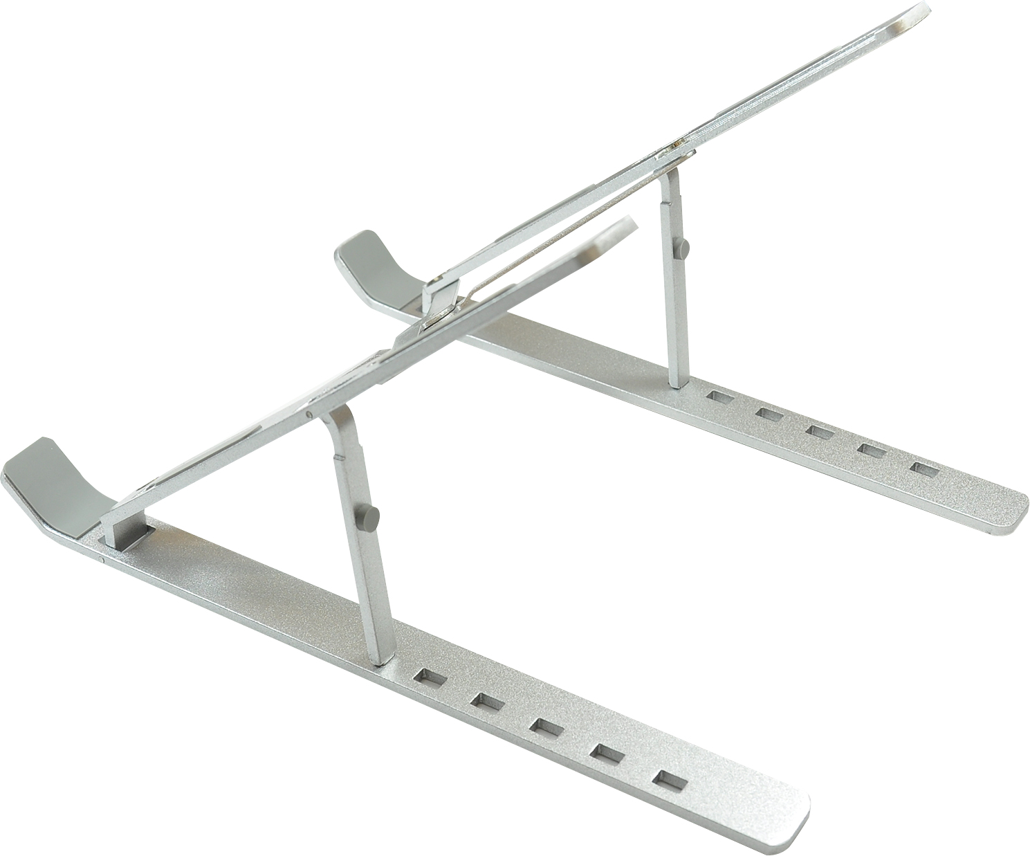 Silberner Laptopständer, einstellbar. Er hat mehrere Abschnitte.