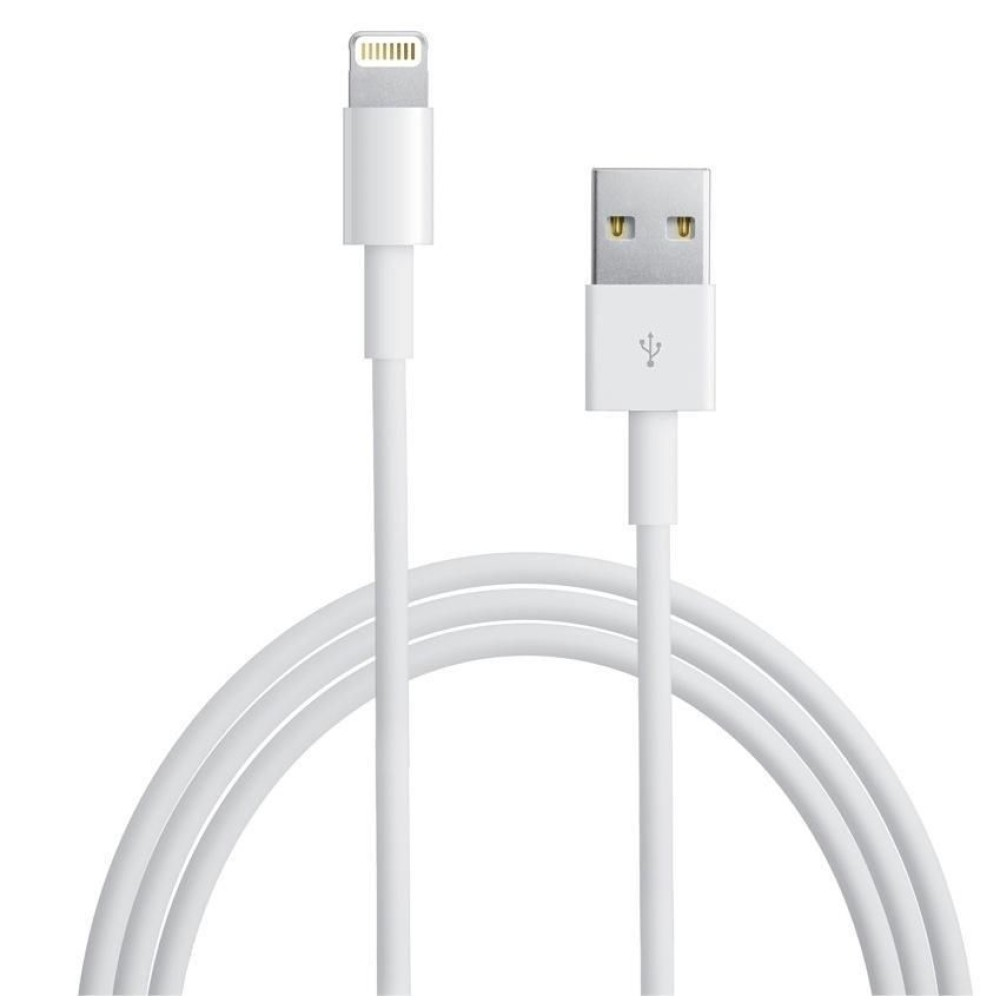 Un cavo di ricarica bianco per dispositivi Apple. Ha un'estremità USB e un connettore Lightning.