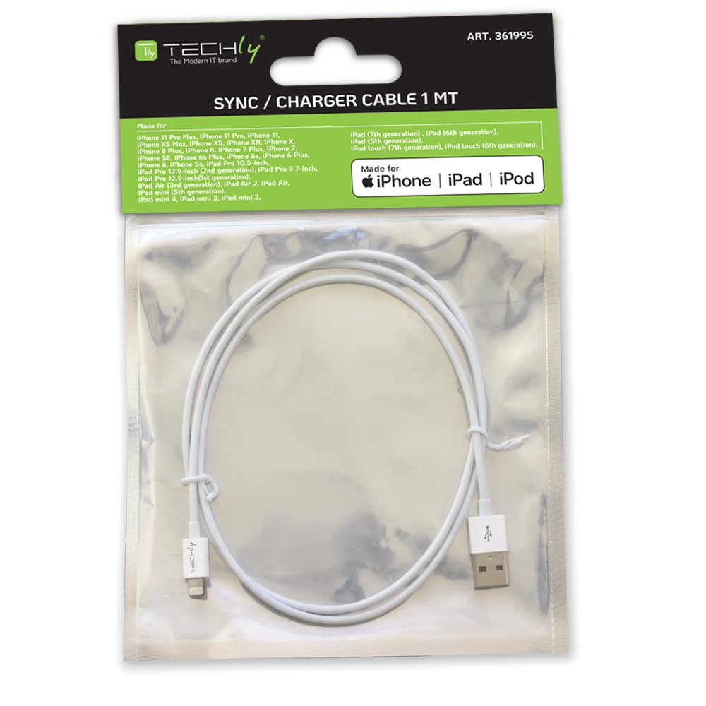 Un cavo bianco di sincronizzazione/caricatore per iPhone/iPad, in una confezione di plastica trasparente con marchio.