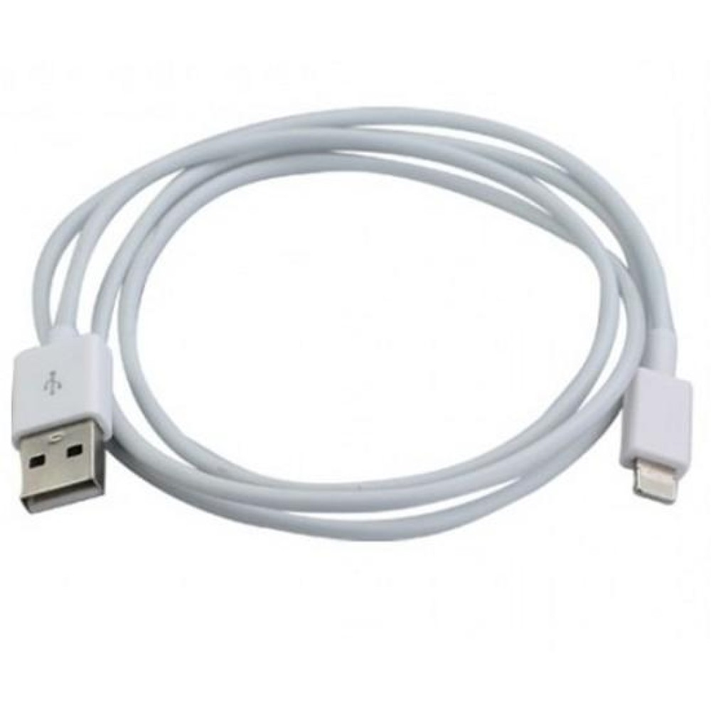 Un cavo di ricarica bianco con connettore USB e connettore Lightning, arrotolato.