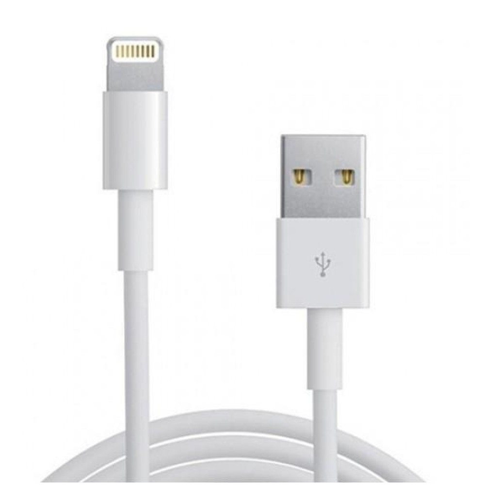 Primo piano di un cavo di ricarica bianco con connettori Lightning e USB, su sfondo bianco.