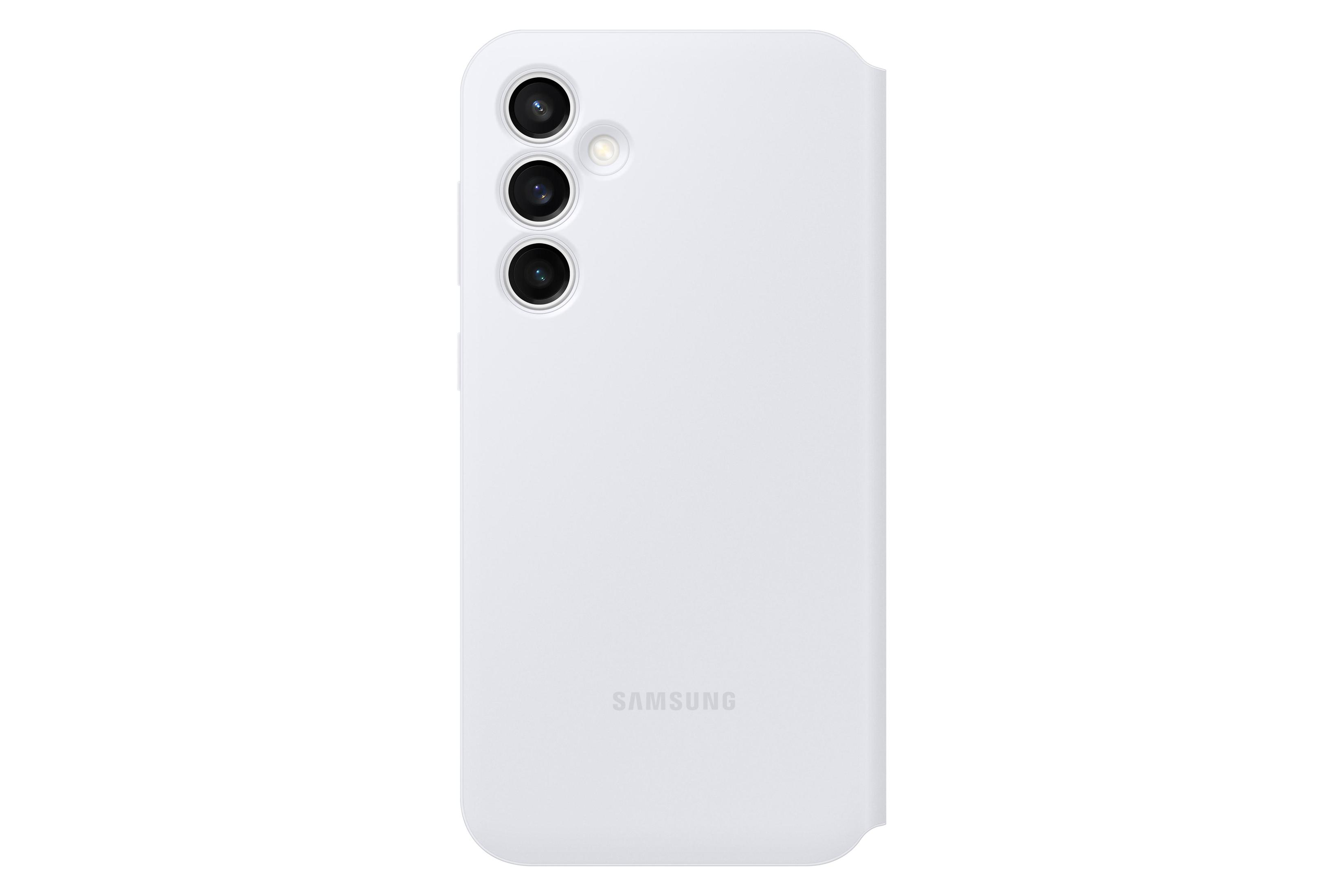 Una custodia bianca per telefono che mostra il retro. Ha tre ritagli per la fotocamera e il logo Samsung.