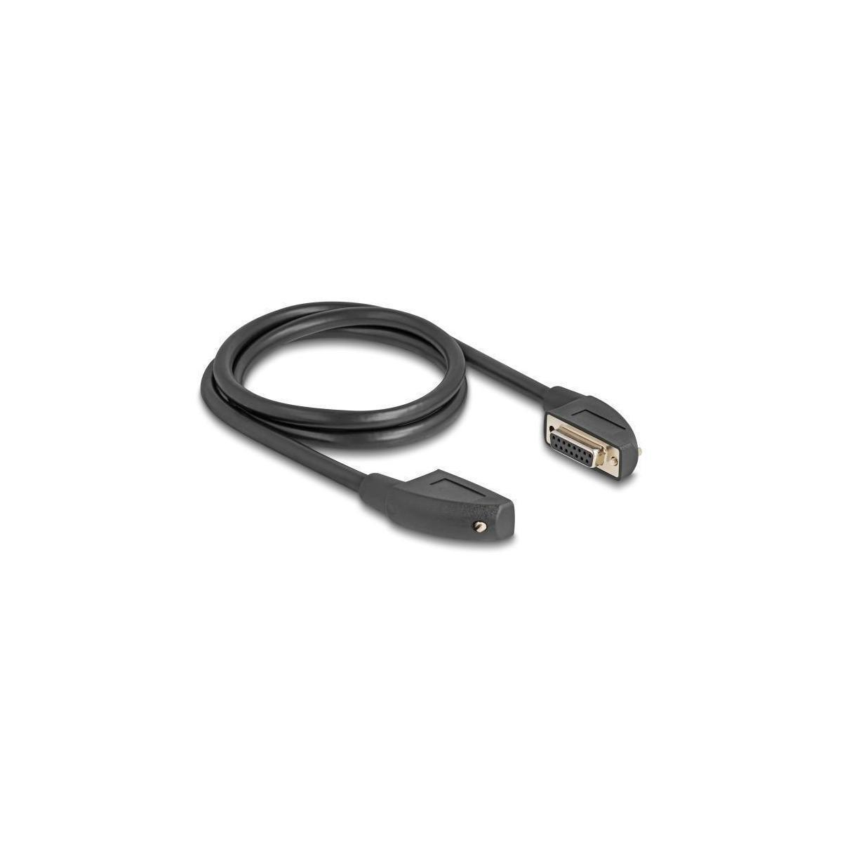Un cavo nero con un connettore rotondo e un connettore D-sub su ciascuna estremità, arrotolato.