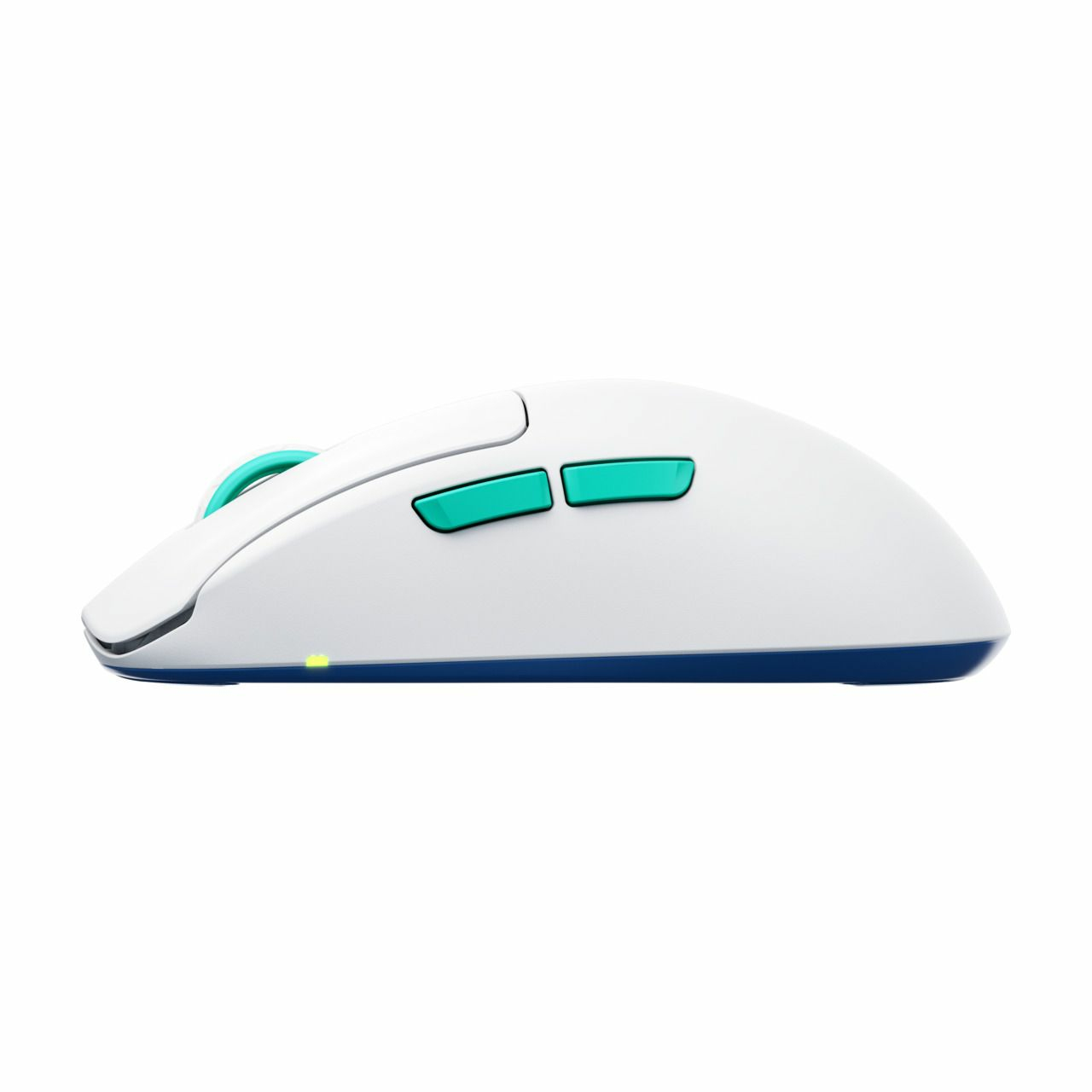 Weiße Maus mit blauem Sockel und grünen Tasten. Hat ein Scrollrad an der Seite.