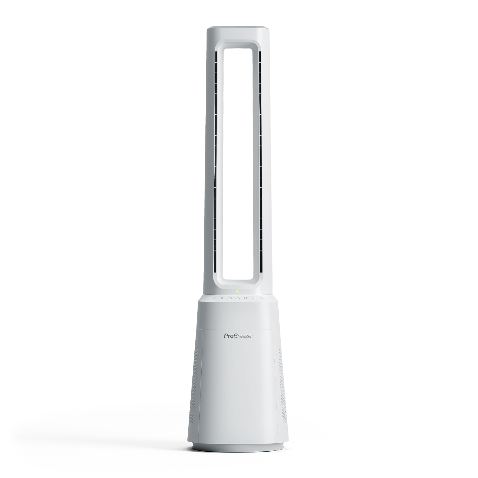 Weißer Turmventilator. Er ist hoch und hat eine rechteckige Öffnung. Weißer Hintergrund.