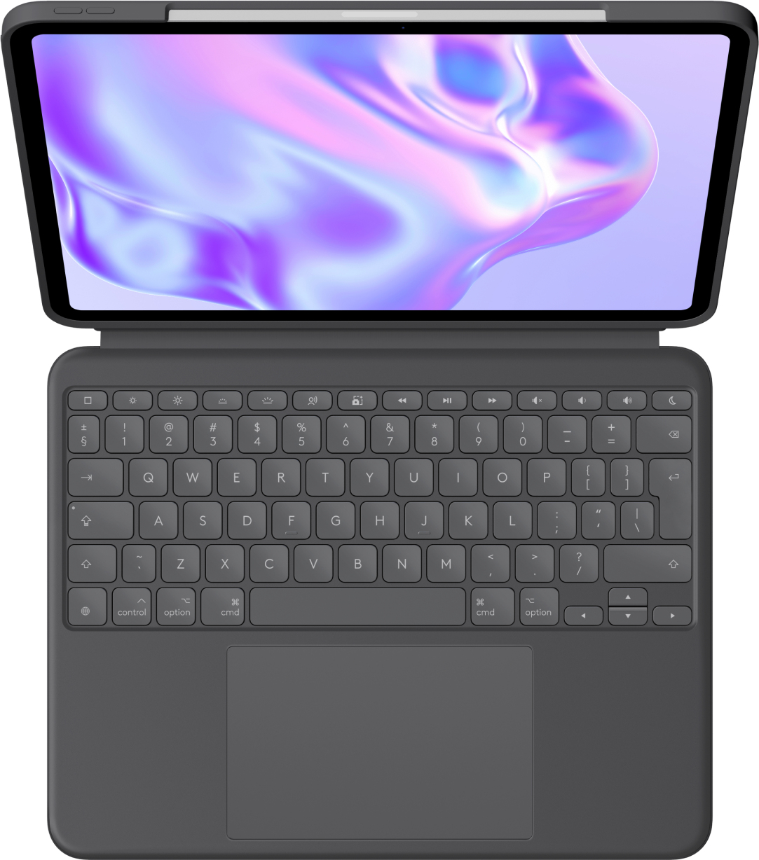 Un tablet aperto con tastiera collegata, che mostra uno schermo con un'immagine astratta colorata.