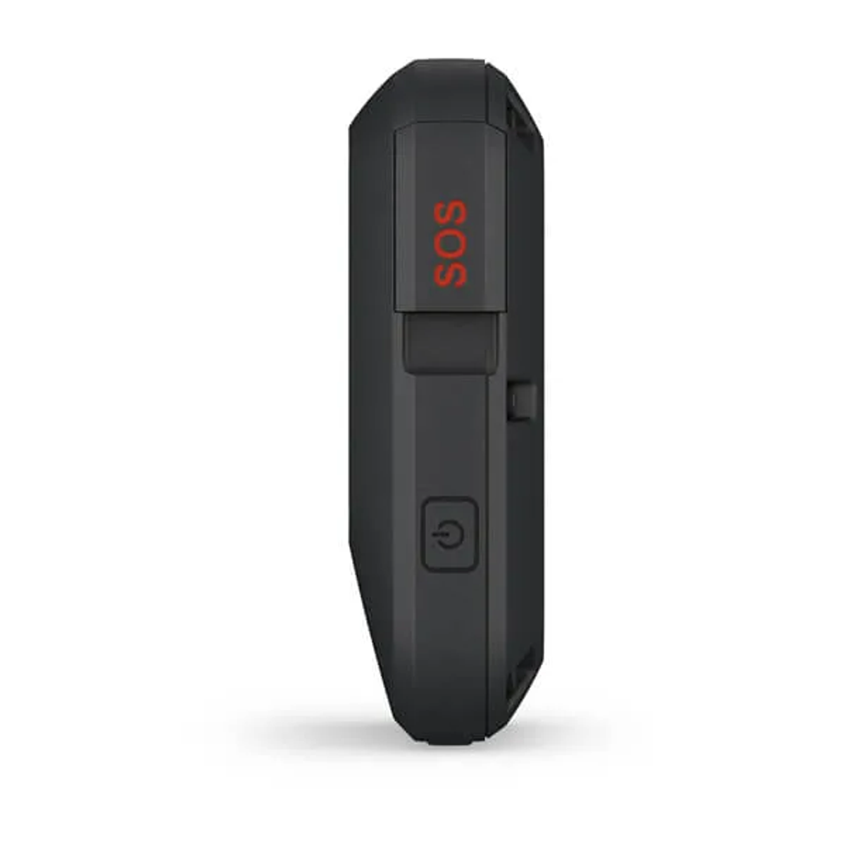 Ein schwarzes Garmin-Gerät mit SOS-Taste und Garmin-Logo. Das Gerät hat eine gebogene Form.