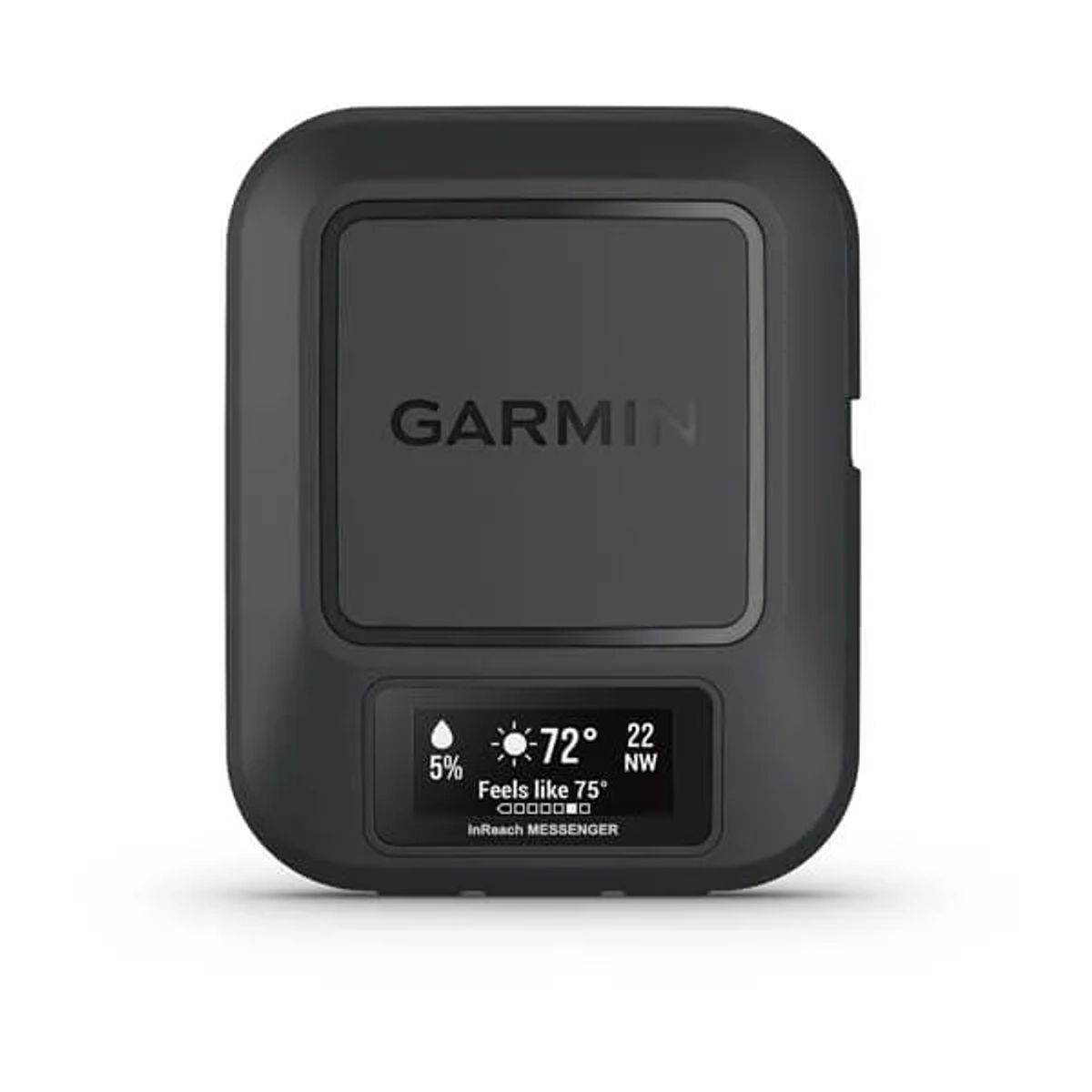 Schwarzes Garmin-Gerät mit kleinem Display, das Wetterinformationen und das Garmin-Logo zeigt.