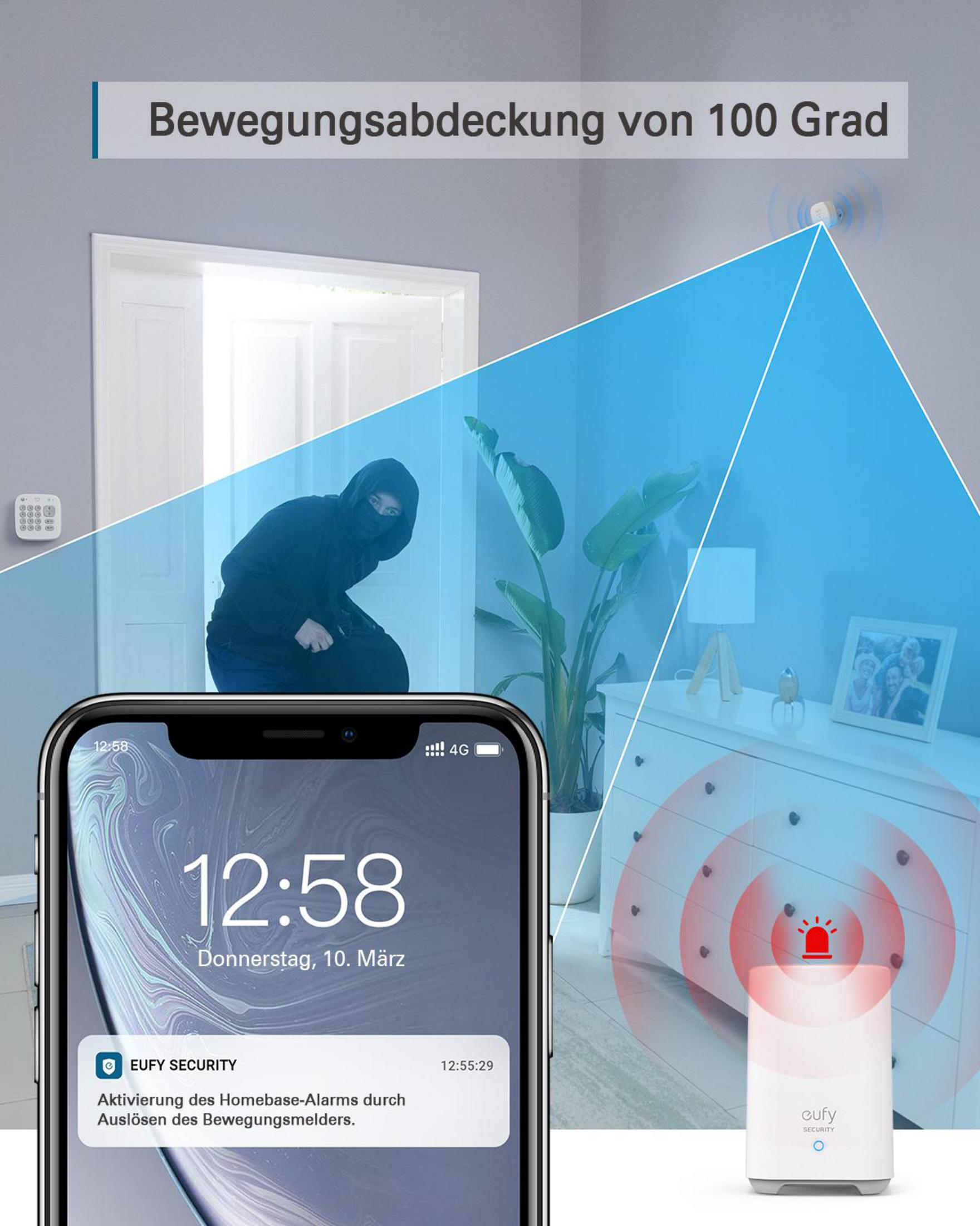 Eine maskierte Gestalt bricht in ein Haus ein. Ein Telefon zeigt einen Alarm. Ein Sicherheitsgerät ist rechts und emittiert rotes Licht.