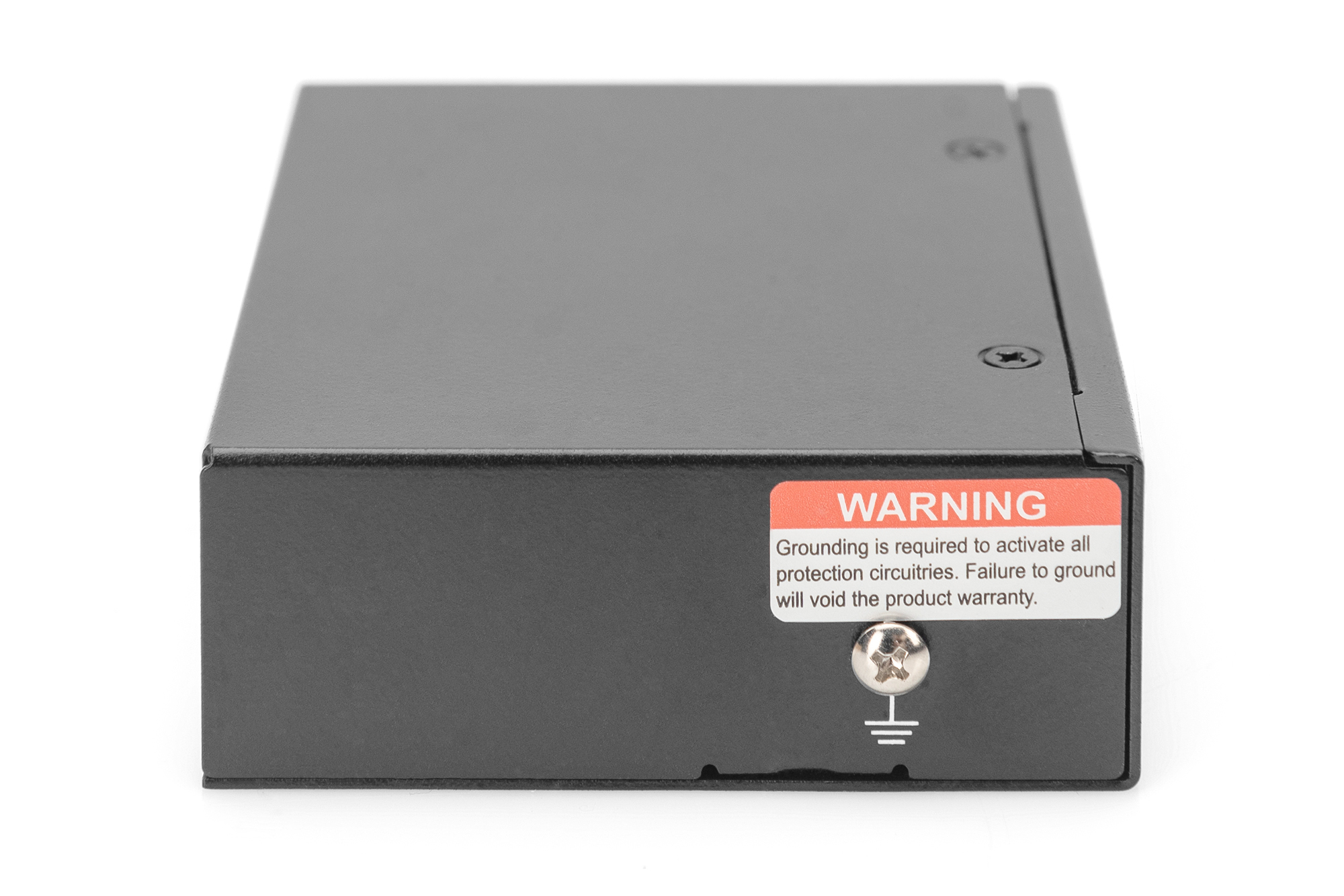 Czarny Digitus Gigabit PoE Extender. Widoczna etykieta ostrzegawcza i symbol uziemienia.