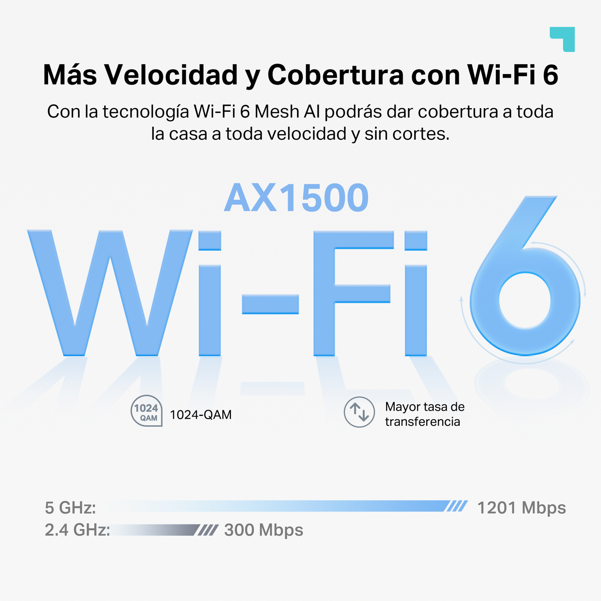Textgrafik mit 'Más Velocidad y Cobertura con Wi-Fi 6' und Informationen zu Wi-Fi 6.