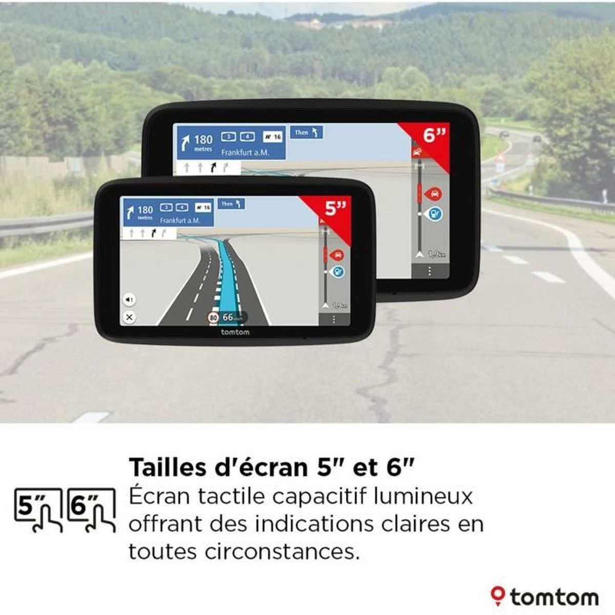Due dispositivi GPS. Uno con schermo da 5 pollici, l'altro con schermo da 6 pollici. Hanno una mappa sullo schermo.